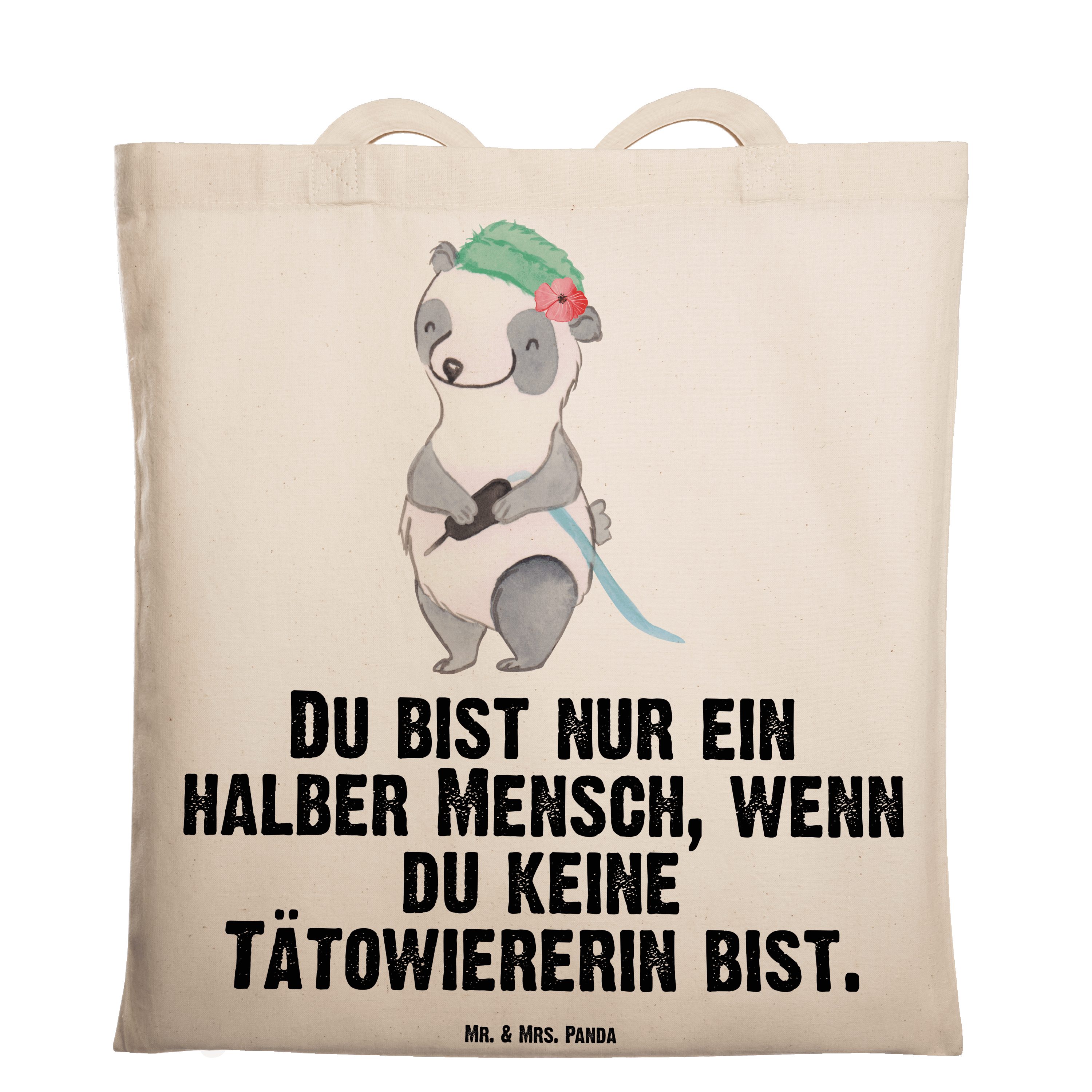 Mr. & Mrs. Panda Tragetasche Tätowiererin mit Herz - Transparent - Geschenk, Danke, Ausbildung, Be (1-tlg)