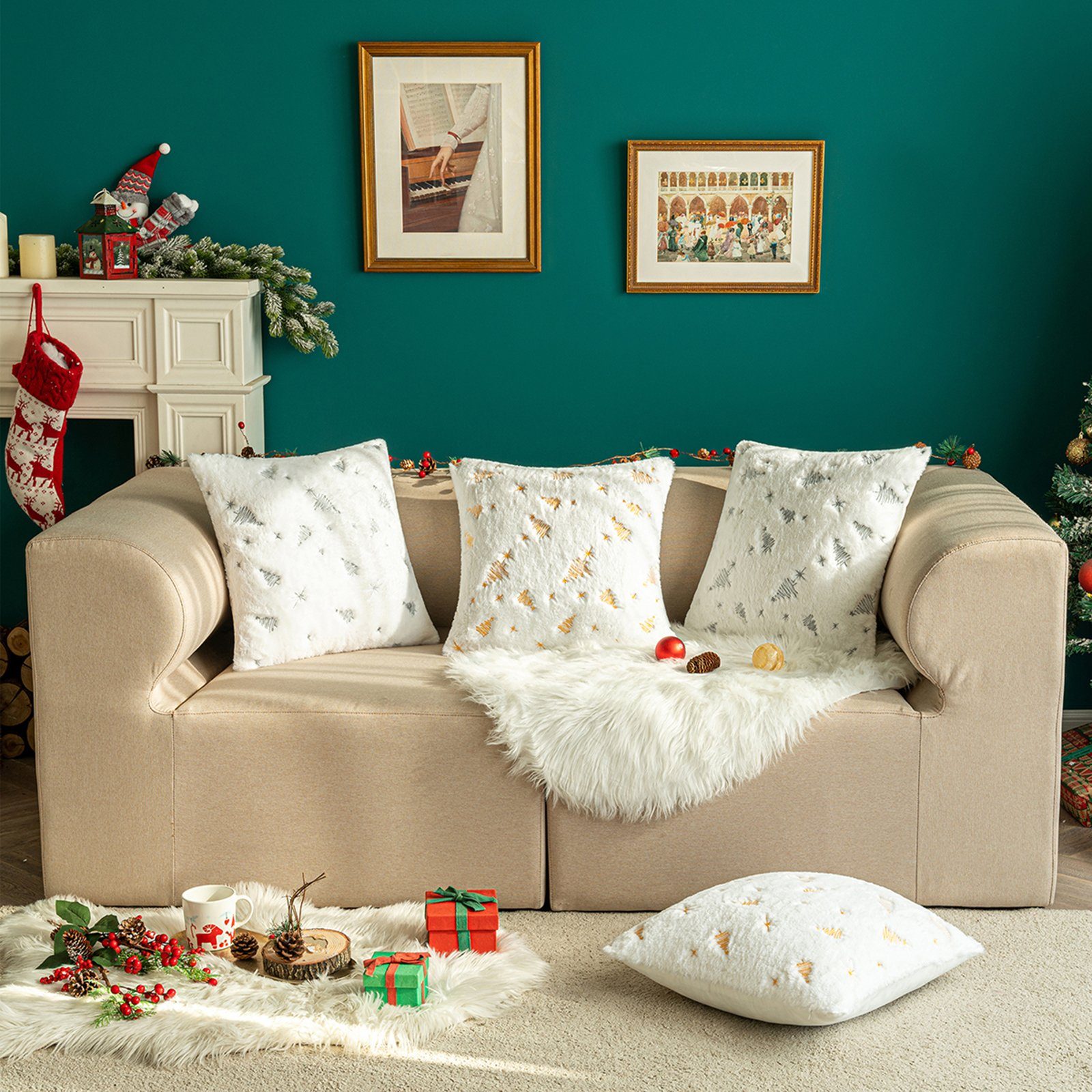 Kissenbezüge Kissenbezug,1/2St. 45X45cm BTTO, oder Sofas,Stühlen,Betten Stickerei Weihnachtsbaum/Schneeflocke, Reißverschluss,auf mit als Akzente