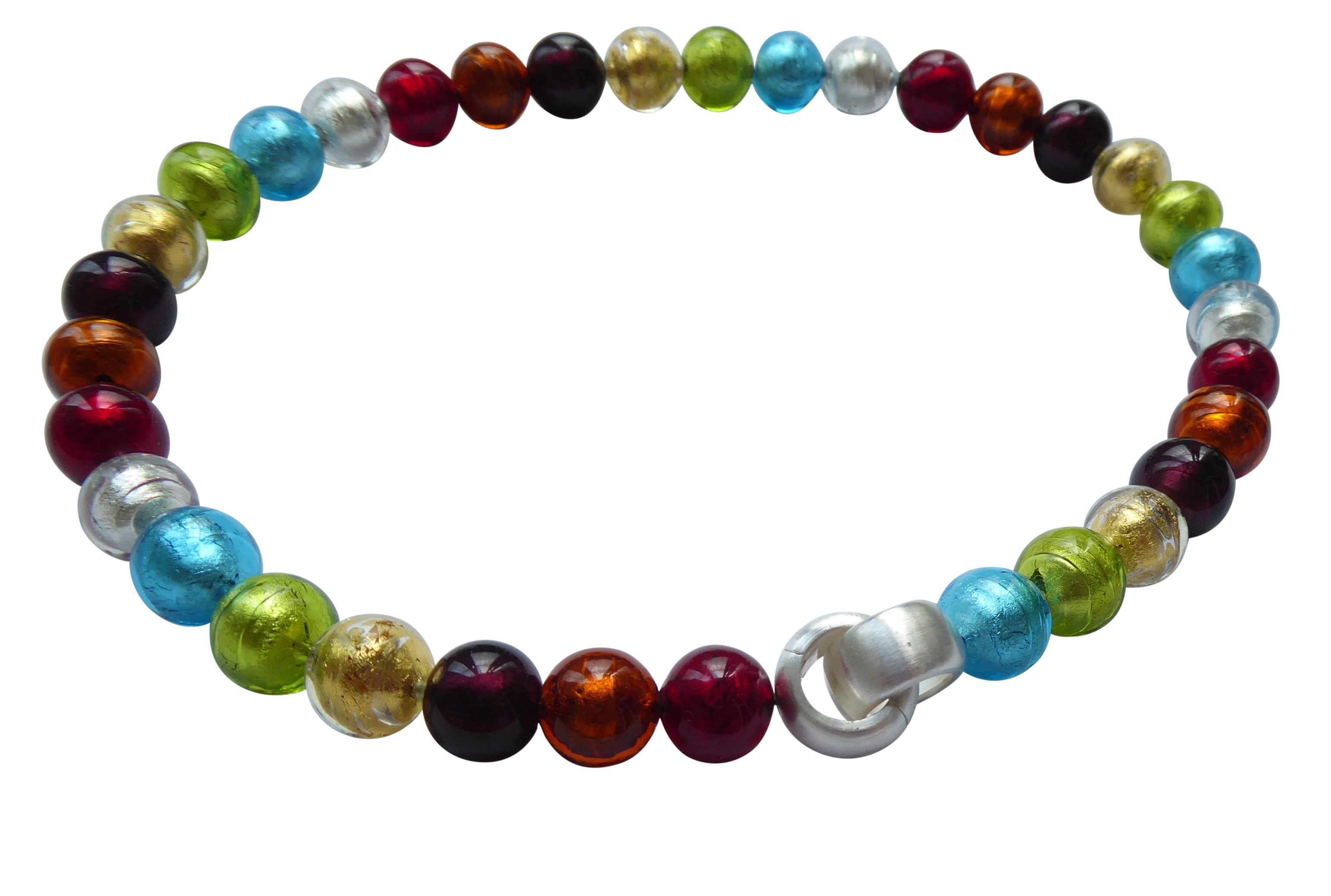 Mugello Perlenkette Murano Kette Bunt Sterlingsilber aufflällig knallig, Muranoglas mit eingearbeitetem Blattgold, Schließe Goldschmiedearbeit