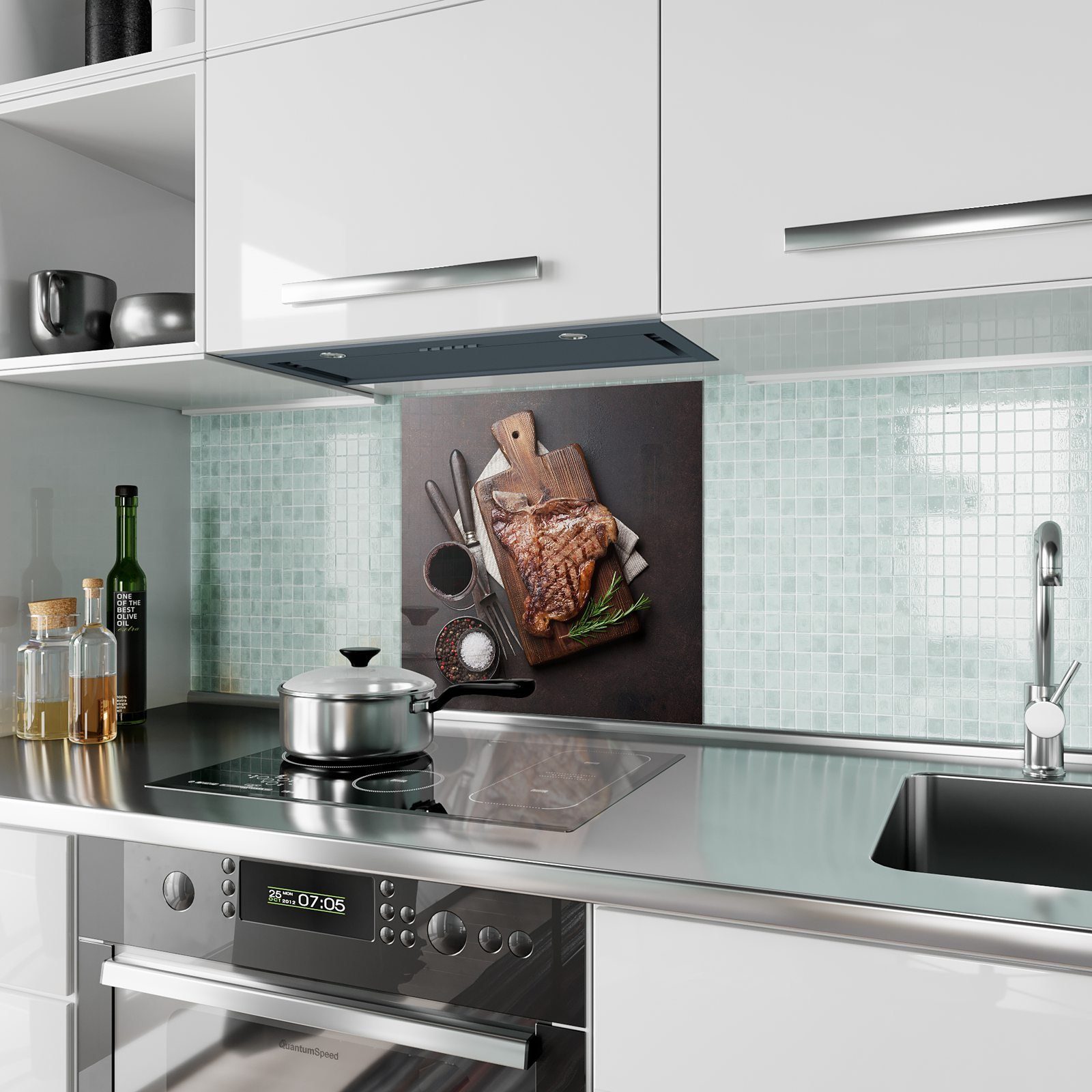 Primedeco Küchenrückwand Küchenrückwand Spritzschutz Steak T-Bone auf Holzplatte mit Glas Motiv