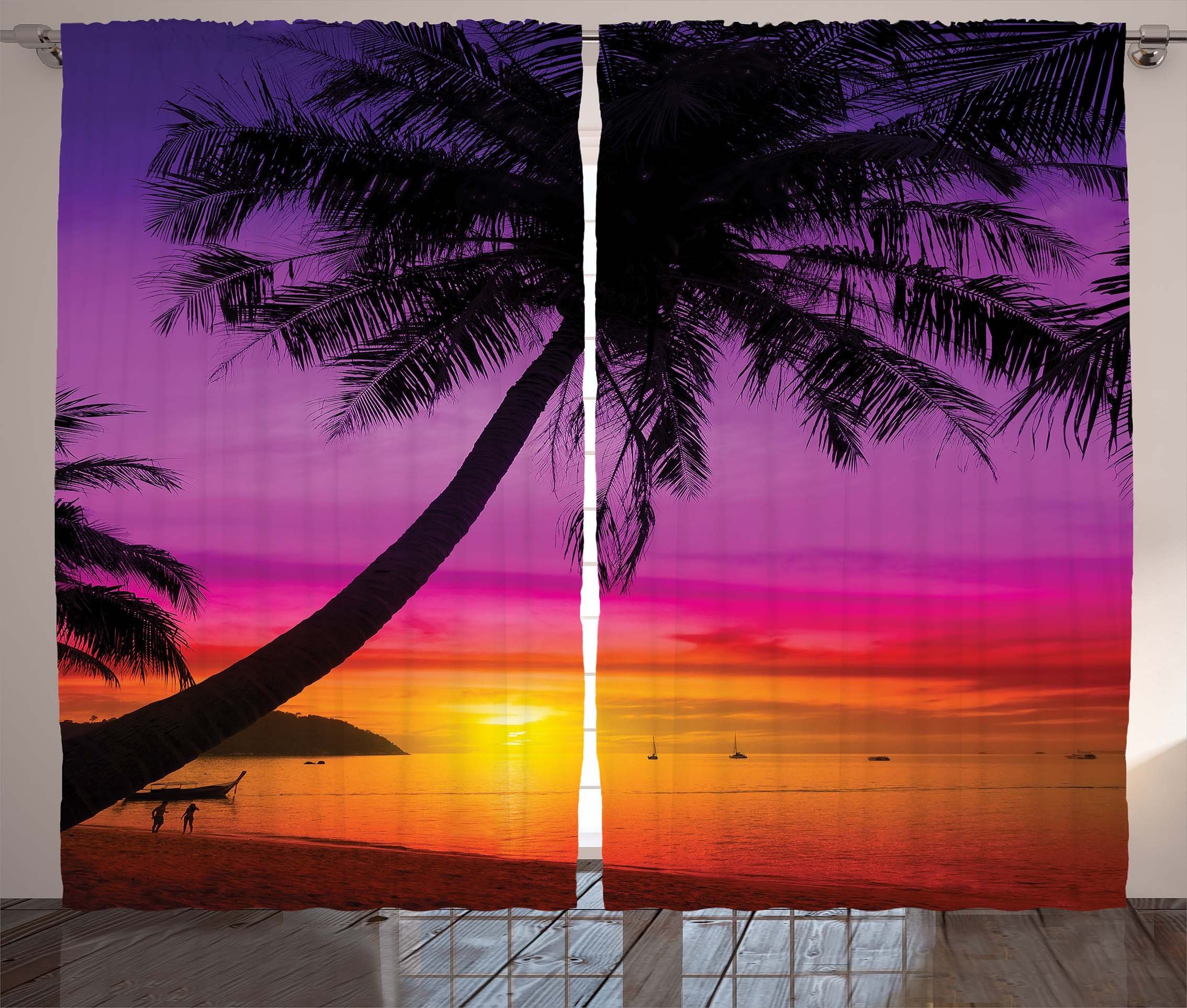 Gardine Schlafzimmer Kräuselband Vorhang mit Schlaufen und Haken, Abakuhaus, Tropisch Palmen Schatten bei Sonnenuntergang