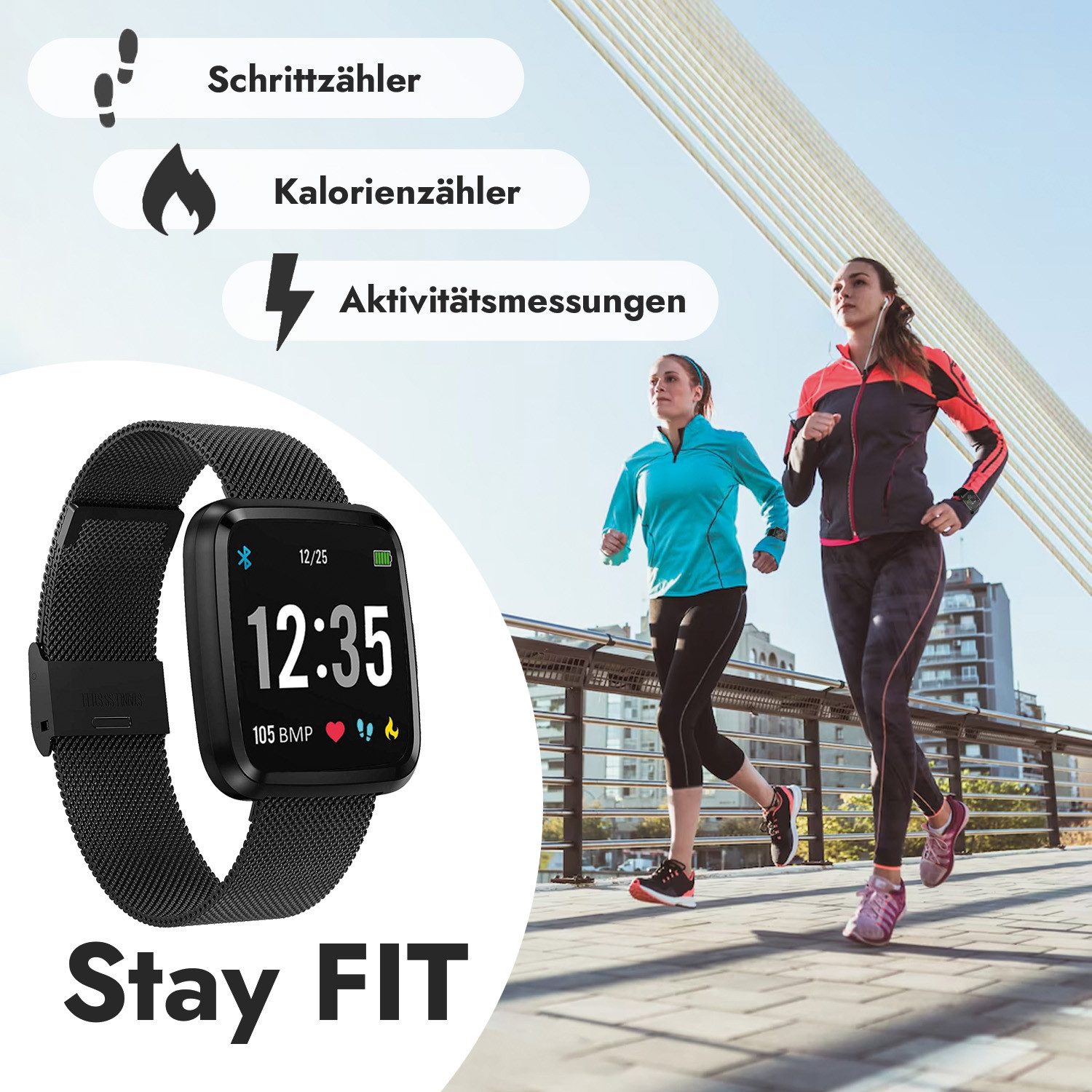 novasmart Fitness-Tracker runR III Smartwatch FitnessTracker HD-Bildschirm Sportuhr Android, iOS, mit schwarzem Edelstahl-Armband