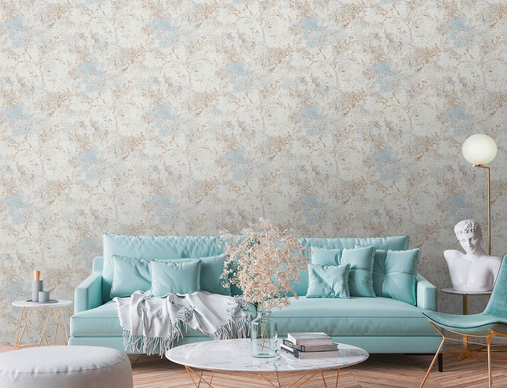 living walls Vliestapete Stories of Life Blumen-Tapete Beige Blau florale Vliestapete, leicht strukturiert, floral, Wald, botanisch, (1 St), Mustertapete für Wohnzimmer und Küche Tapeten Wohnzimmer Schlafzimmer