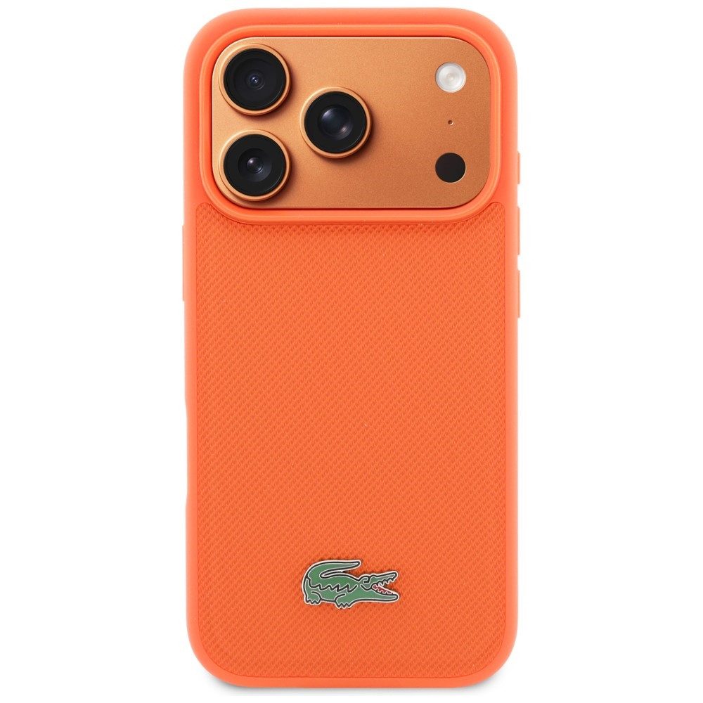 Lacoste Handyhülle iPhone 17 Pro Lacoste Iconic Petit Pique orange Logo Metall Magsafe 6,3 Zoll, Kantenschutz
