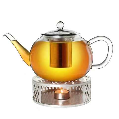Creano Teekanne Creano Teekanne aus Glas 1,6l + ein Stövchen aus Edelstahl, 3-teilige, (Set)