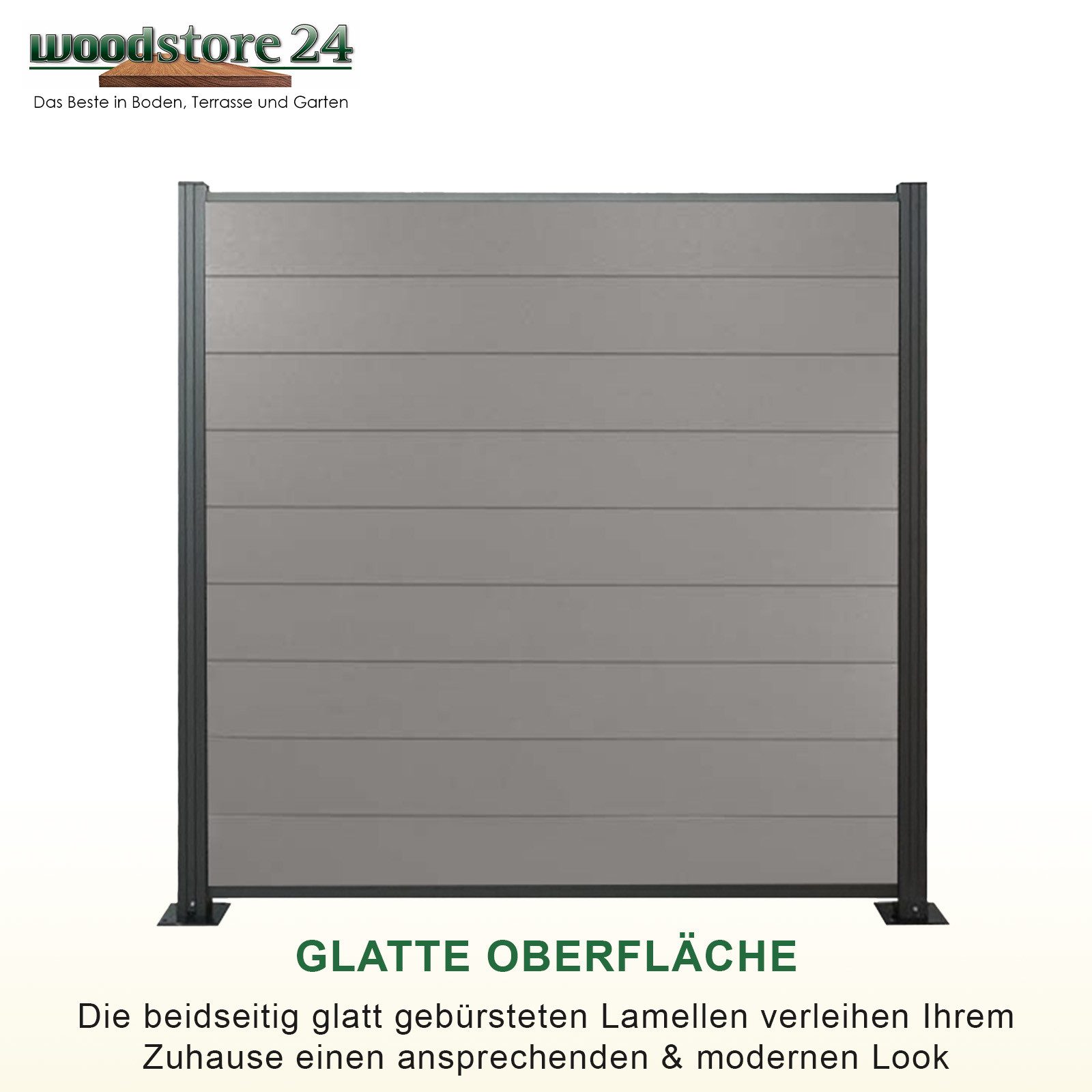 Woodstore24 Zaun WoodoZaun WPC Sichtschutzzaun gebürstete Optik für Garten & Terrasse, (Sichtschutz - 1,85m Breit x 1,80m Höhe x 2cm Stärke, Lamellenzaun Komplettset inkl. Pfosten, Start- und Endprofil), Stecksystem, Lamelle aus recyceltem Kunststoff & Holzfasern, grau