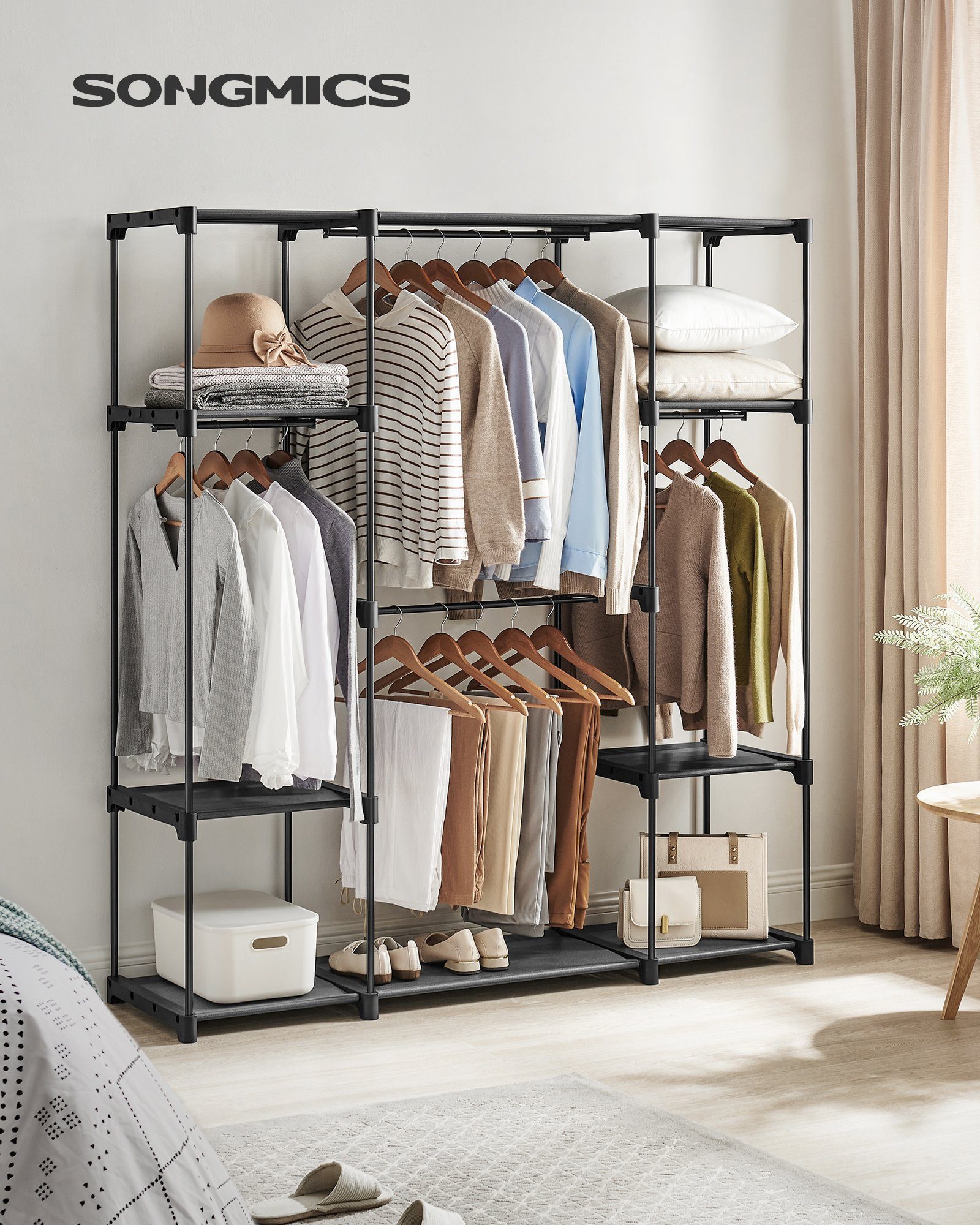 SONGMICS Kleiderständer, Kleiderschrank offen, 4 Hängefächer, Kleiderstange, Garderobe