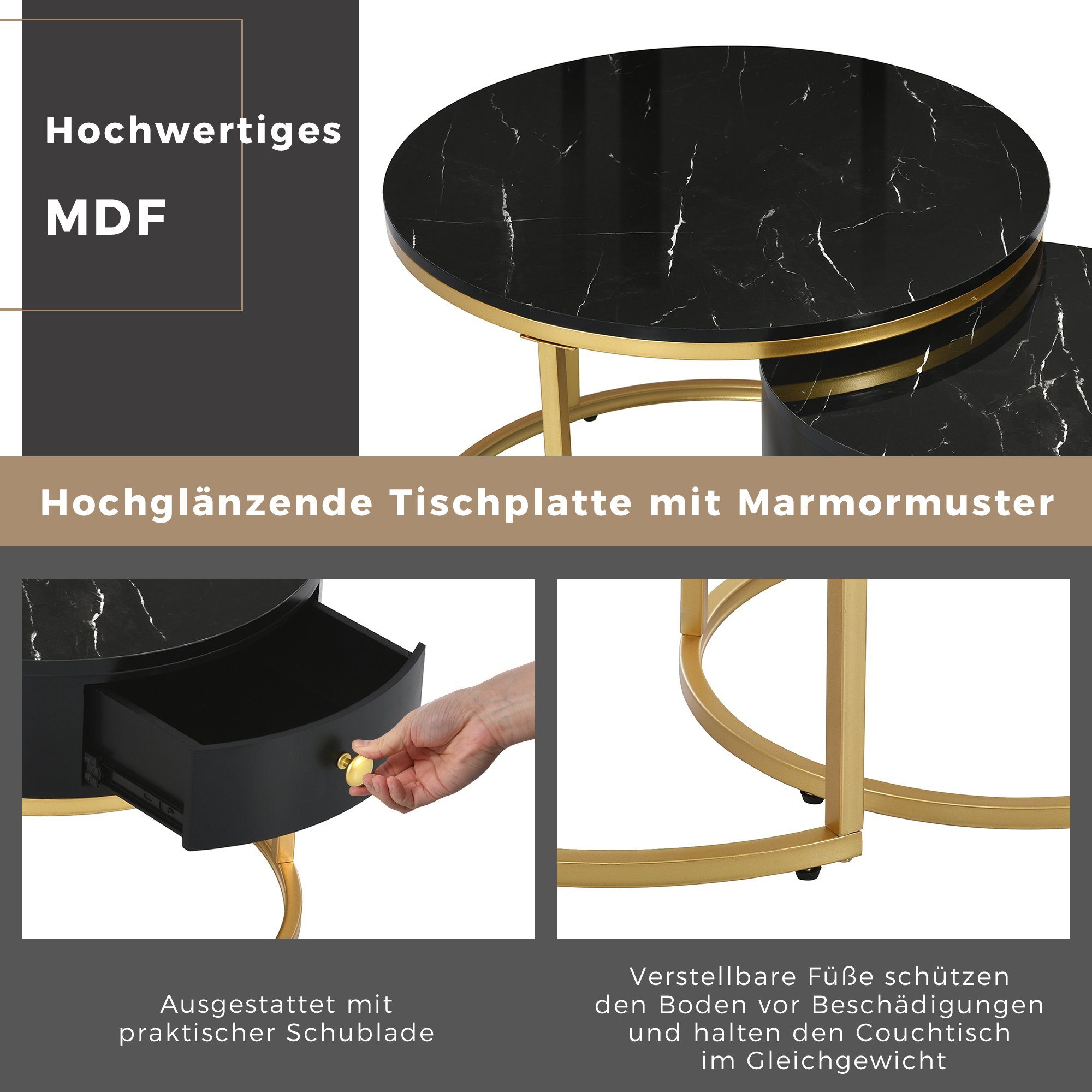 Holz Beistelltisch mit Merax Schwarz Metallbeine Marmoroptik aus goldenen Couchtisch rund Schwarz (2-St), mit | Satztisch Schublade hochglanz