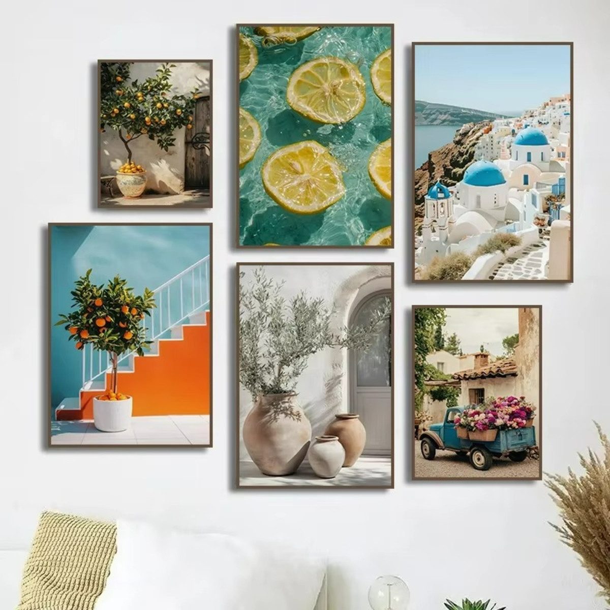TPFLiving Kunstdruck (OHNE RAHMEN) Poster - Leinwand - Wandbild, Italienisches Zitronen- und Orangen-Olivenbaum-Leinwandgemälde (Leinwandbild XXL), Farben: Gelb, Weiß, Blau, Grün, Braun - Größe: 20x30cm