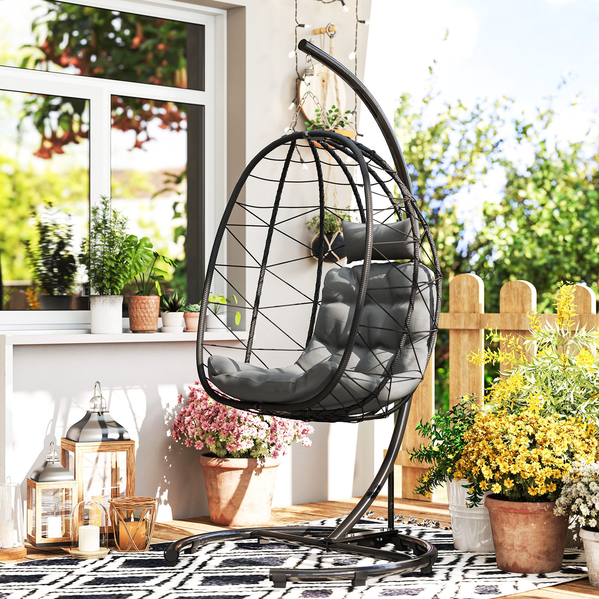 Outsunny Schaukelstuhl Hängesessel Rattan Hängestuhl 195 cm Höhe (Schaukelkorb, 1 St), für Terrasse, Garten bis zu 150 kg, Dunkelgrau