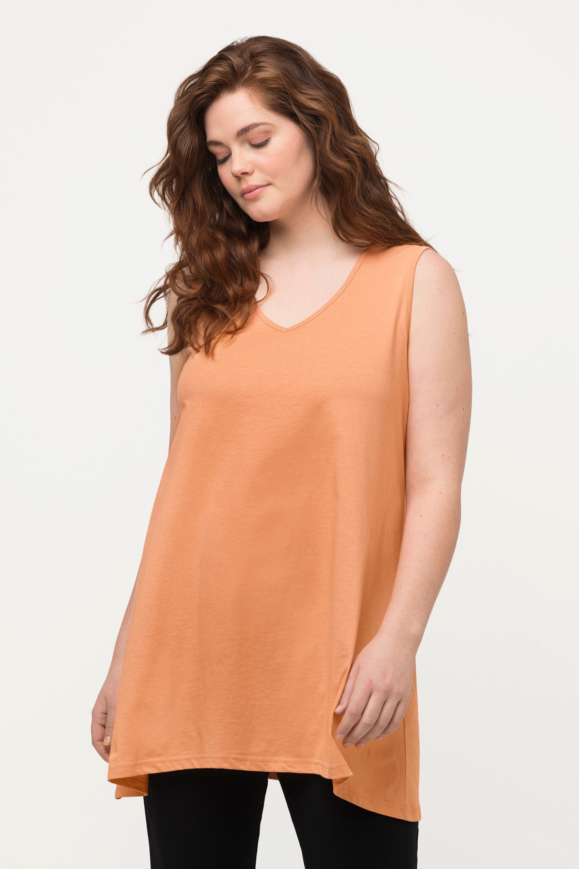 Ulla Popken Longshirt Longtop Naturfärbung A-Linie V-Ausschnitt ärmellos