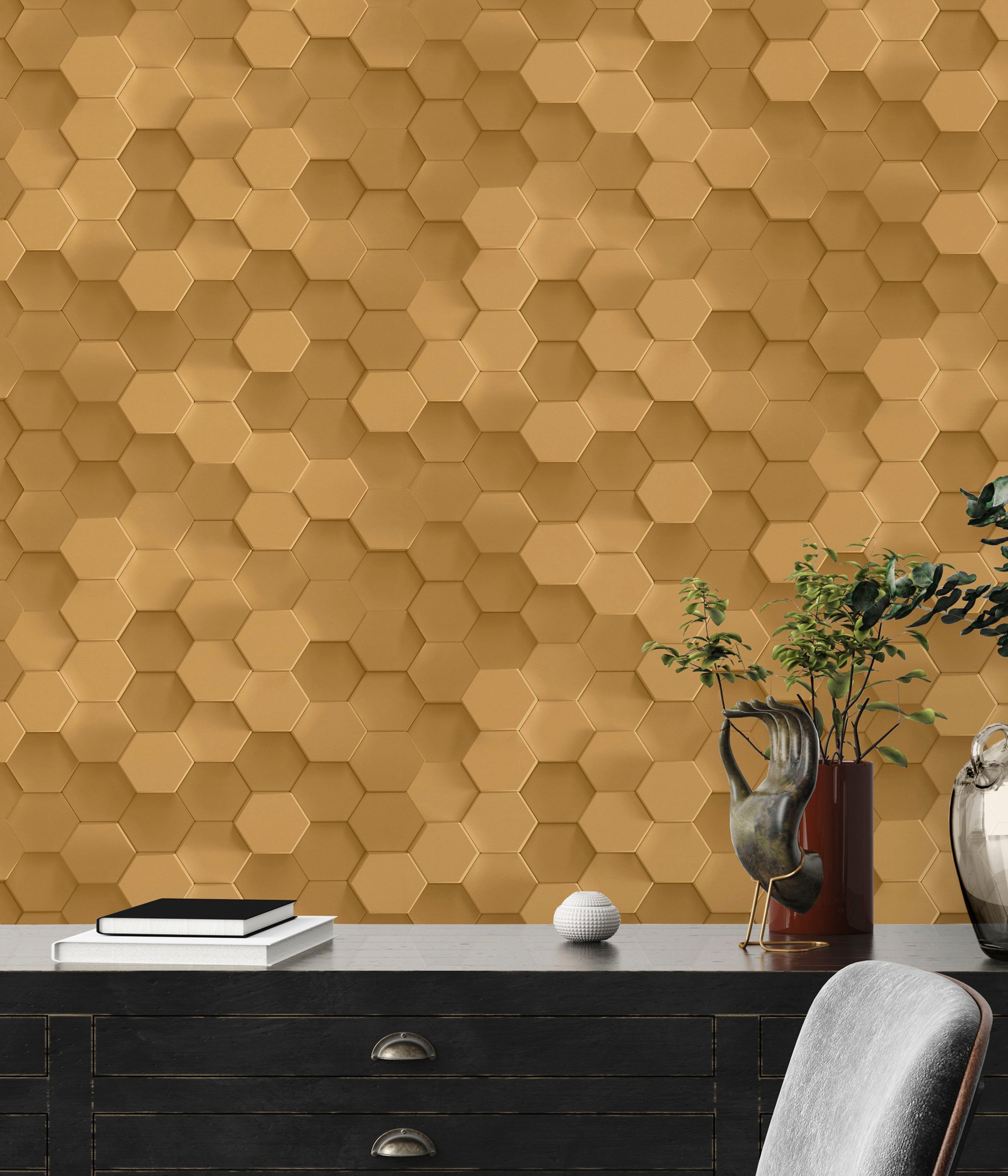 Wabenmuster Hexagon, 3D PintWalls glatt, St) A.S. goldfarben Création Vliestapete matt, (1