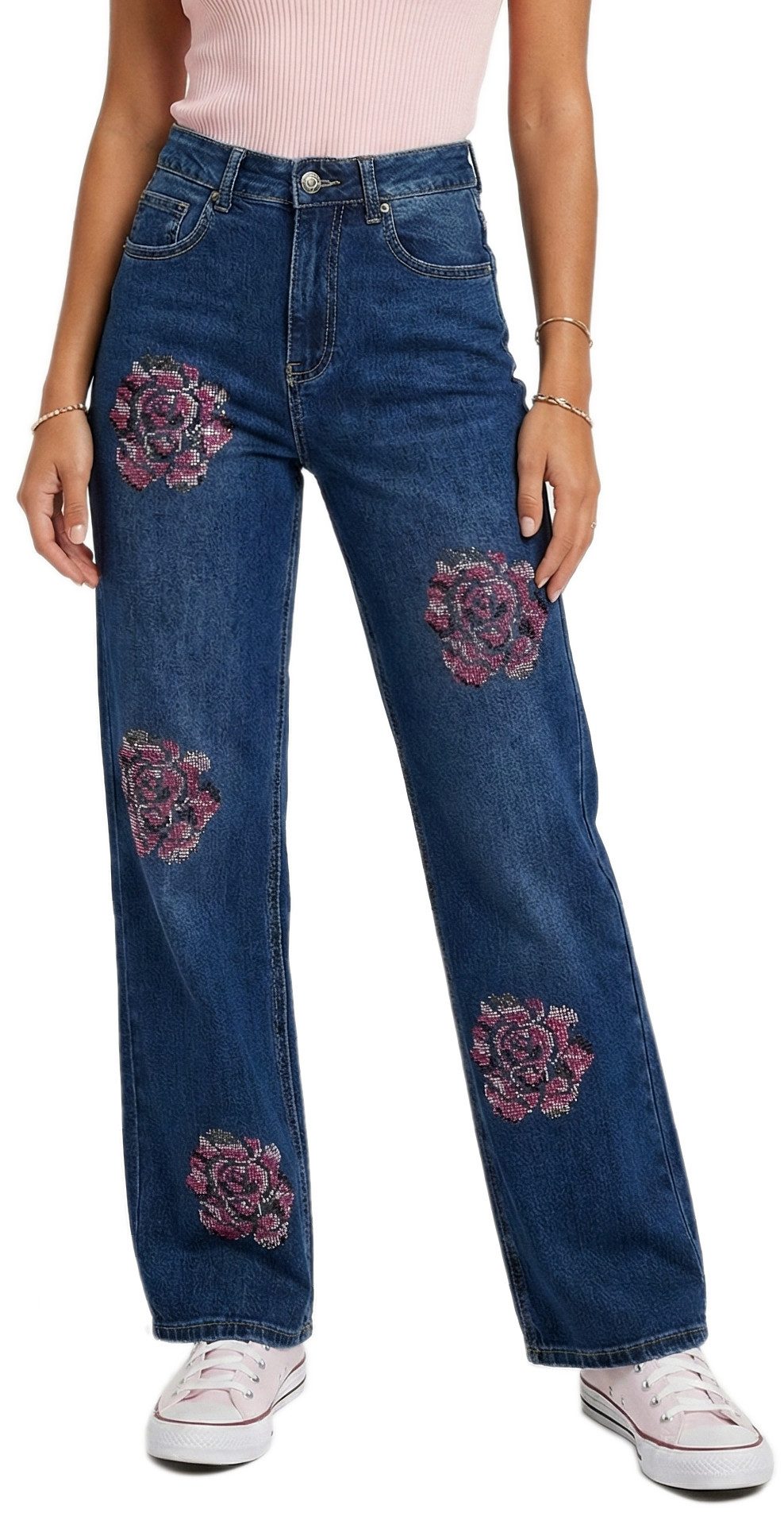 dy_mode Weite Jeans Damen Jeans Weitem Bein High Waist Weite Palazzo Jeans mit Rosen-Motiv Weite Beine, Glitzer Blumen Motive