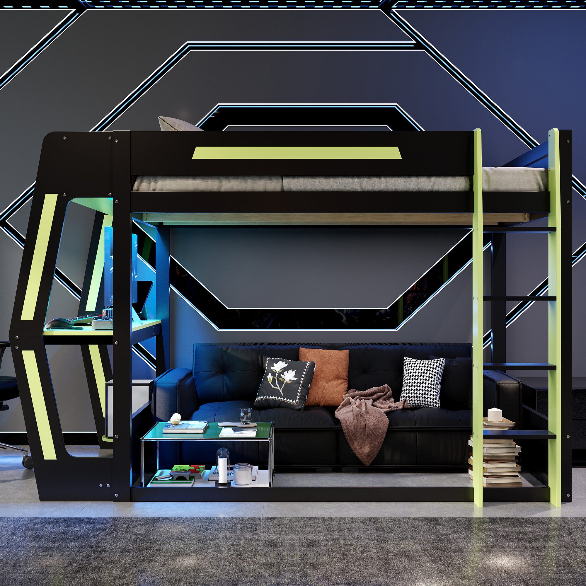 Flieks Etagenbett, Gamingbett 120x200cm mit oberem Lattenrost, Schreibtisch, LED-Leiste