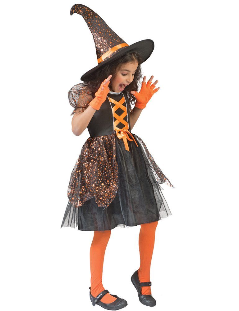 Funny Fashion Hexen-Kostüm Hexen Kostüm "Glenda" für Mädchen - Schwarz  Orange, Glitzer Kinderkostüm mit Sternen