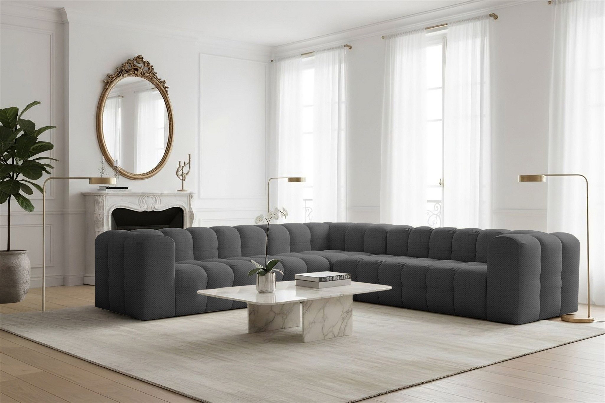 Fun Möbel Ecksofa Designersofa SOLVIE Universal (300cm), Stoff Moly oder Tiffani, Sofa-Rücken echt bezogen