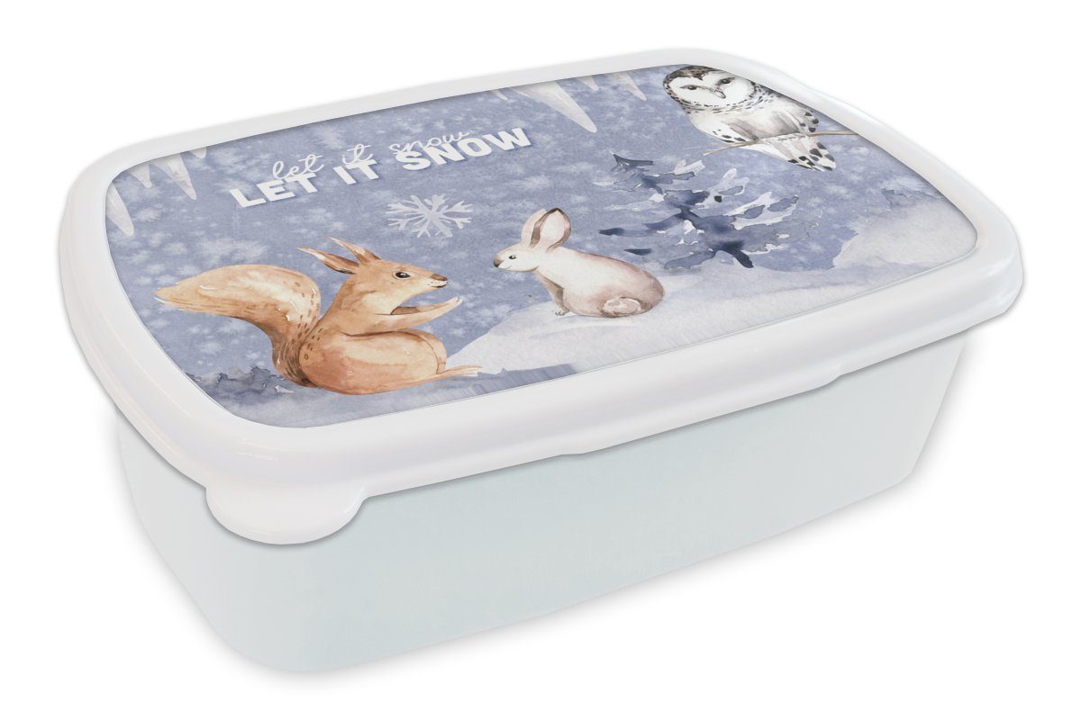 für Brotdose, MuchoWow weiß für Schnee Eichhörnchen, und (2-tlg), Kunststoff, - Mädchen Lunchbox Kinder Winter und Jungs - Brotbox Erwachsene,
