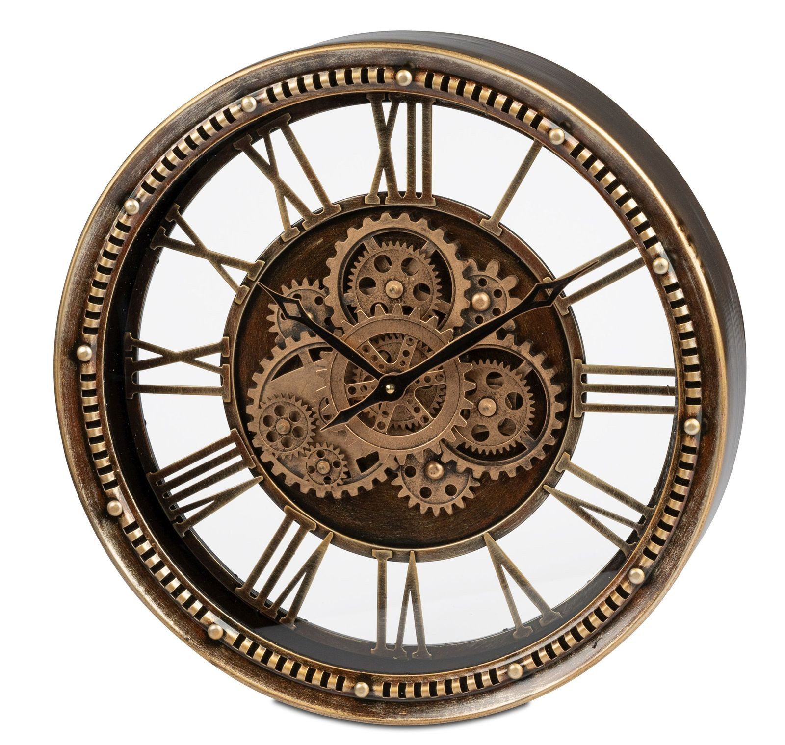 Wanduhr Antik-Stil 46x46cm Metall, goldene sichtbar drehende Zahnräder Uhr