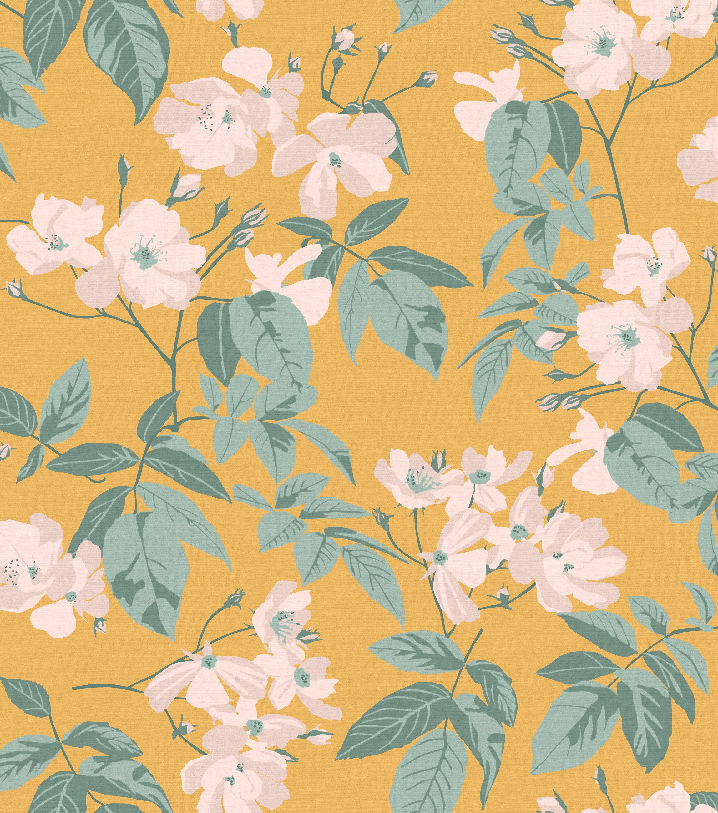 Rasch Fototapete Blätter, Blüten, Ranken & Zweige - Vliestapete Gelb, floral, bedruckt, (1 Rolle, 1 St., SCHÖNER WOHNEN-Kollektion "Cosy Living" - 3 m x 2,65 m), Lichtbeständige Farben - Feucht abwischbar - Restlost abziehbar