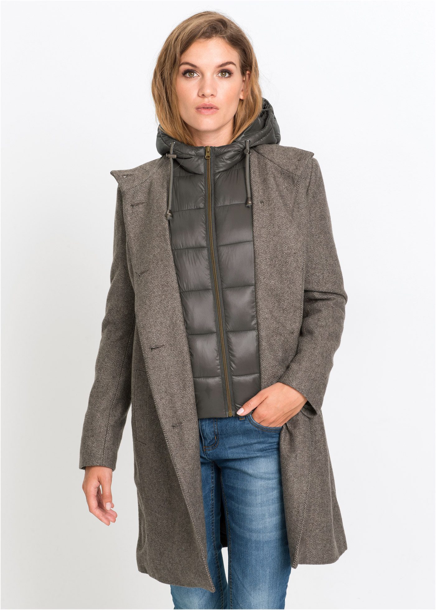 bonprix Kurzmantel 2-in-1-Optik durch Steppjackeneinsatz mit Kapuze