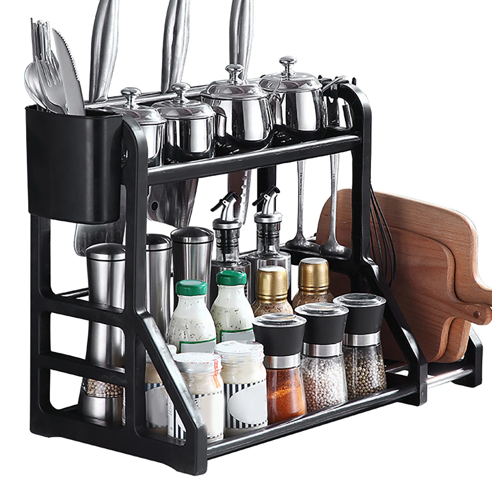 SURFOU Küchenregal Gewürzregal 2-stufig mit Messerhalter, Gewürzablage, Besteckhalter, Schneidebretthalter, Gewürz Organizer, Küchen Organizer, Spice Rack, 37.5 x 26 x 41c, Multifunktionale Aufbewahrung, Platzsparendes Design 1-tlg.
