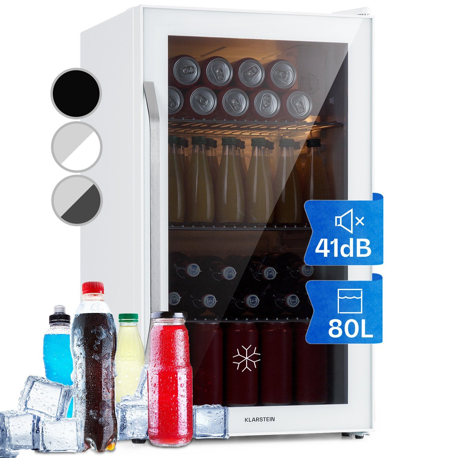 Klarstein Getränkekühlschrank Beersafe XXL Quartz Kühlschrank 80L 3 Böden Panoramaglastür R600a 10039427, 84.5 cm hoch, 47.4 cm breit, Bierkühlschrank Getränkekühlschrank Flaschenkühlschrank mit Glastür