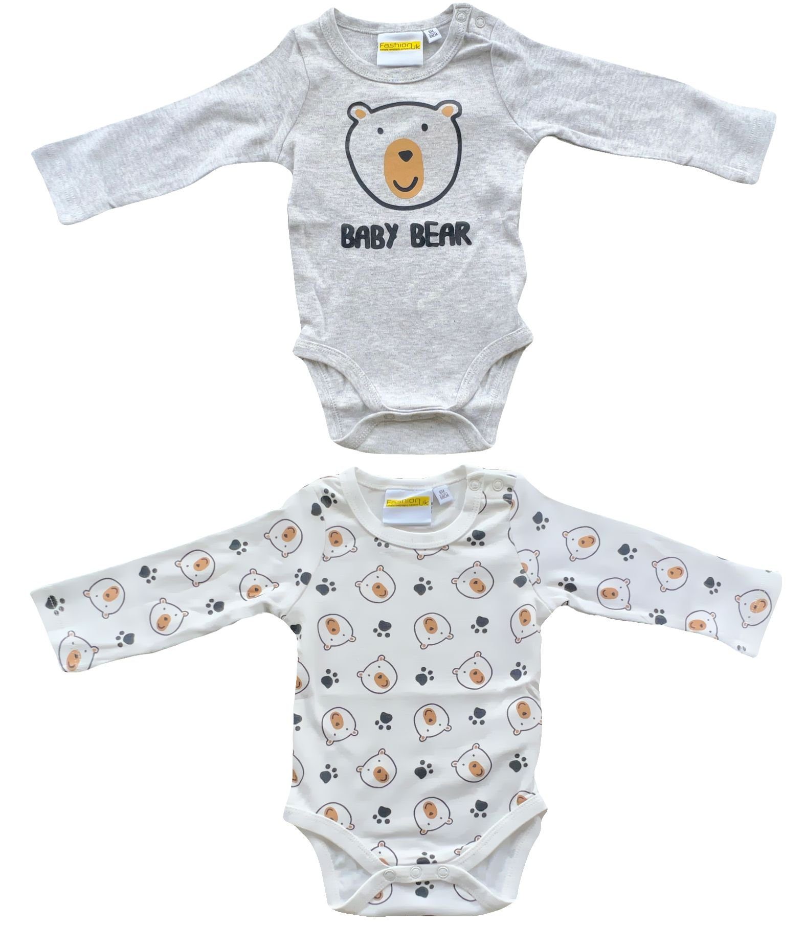 weiß Body Strampler Monate BEAR + 2x hellgrau Doppelpack Fashion 3 Baby 24 6 UK 12 18