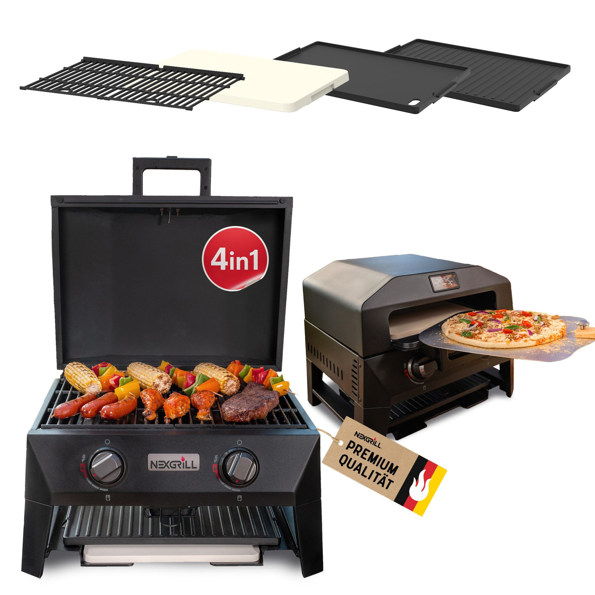 nexgrill Gasgrill Fortress x4 4-in-1 Gasgrill / Tischgrill mit Pizzaofen, Bis zu 300°C, Gusseisen Grillrost, Pizzastein, Plancha, mit 2 Edelstahlbrennern 5,5kW und Piezozündung, Aufbaumaß: 59x46x51 cm