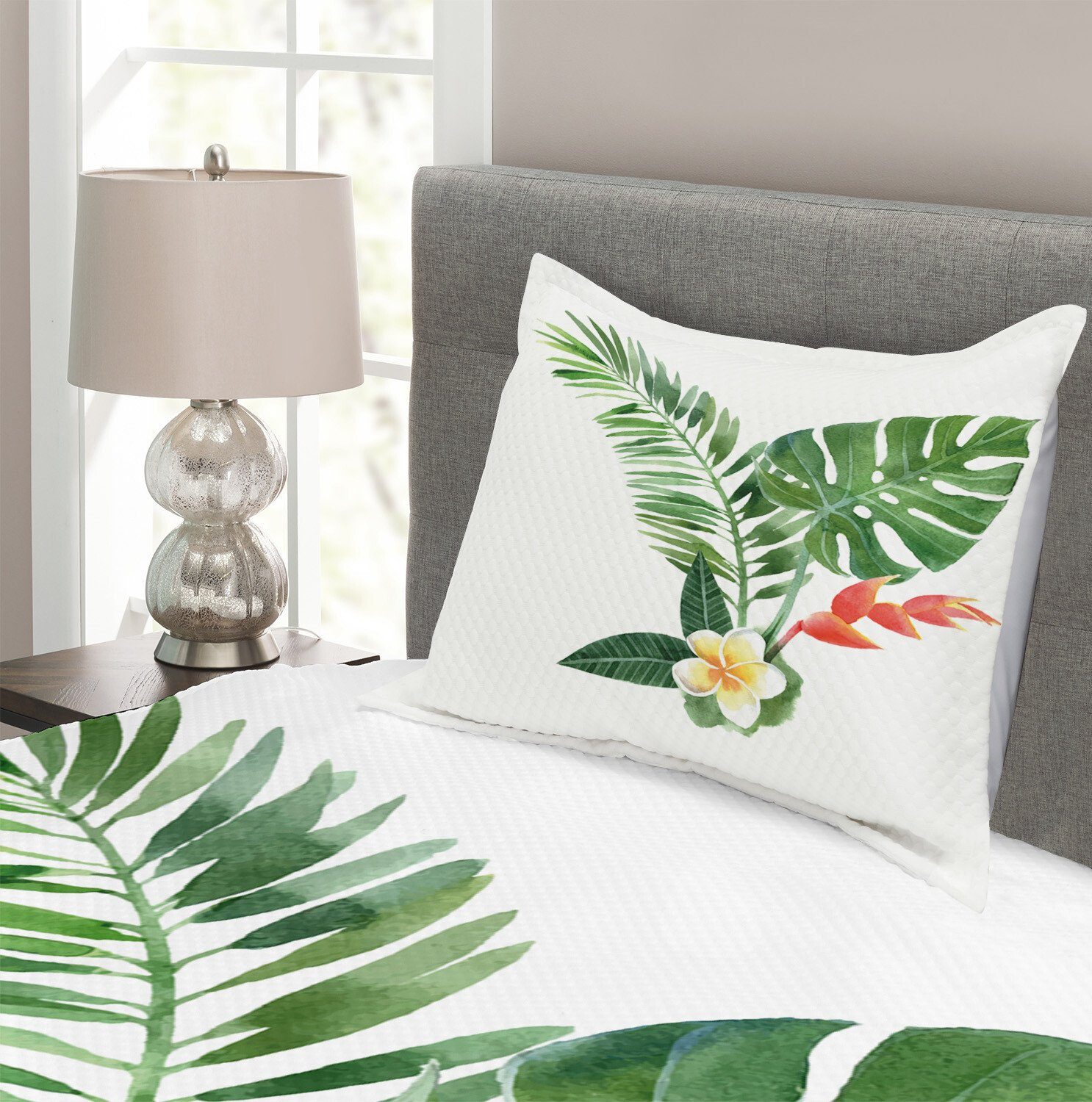 Blooming Kissenbezügen Tagesdecke mit Fern Abakuhaus, Set Pflanze Waschbar, Tropical