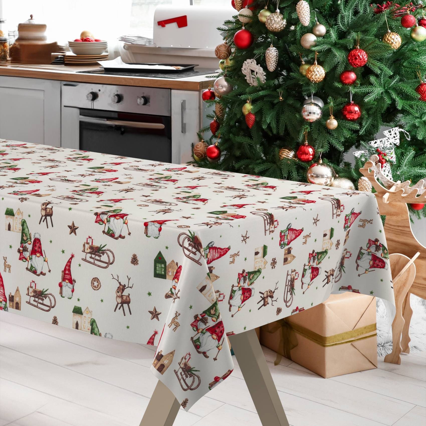 ANRO Tischdecke Weihnachten abwaschbare Weihnachtstischdecke (Einzelstück 1-tlg), Schmutzabweisend Weihnachten Rot-Grün 100x140cm – Bild 4 von 5