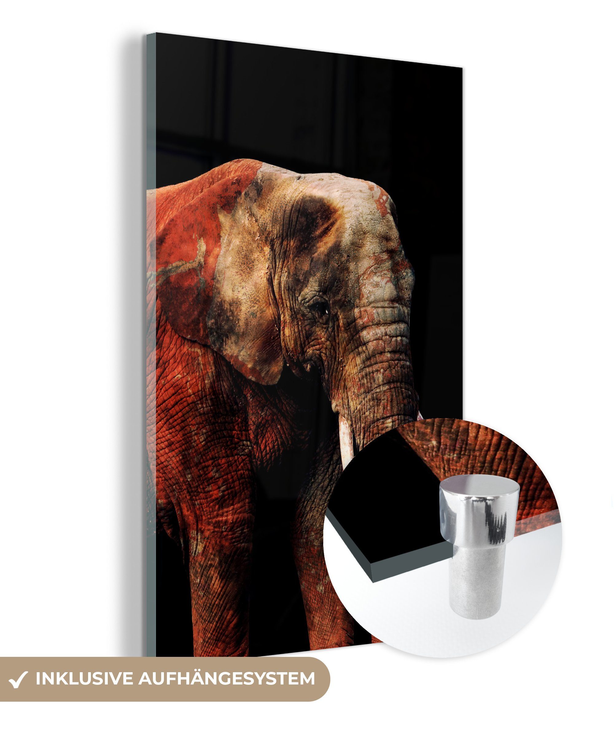 MuchoWow Acrylglasbild Elefant - Tiere - Rot, (1 St), Glasbilder - Bilder auf Glas Wandbild - Foto auf Glas - Wanddekoration bunt