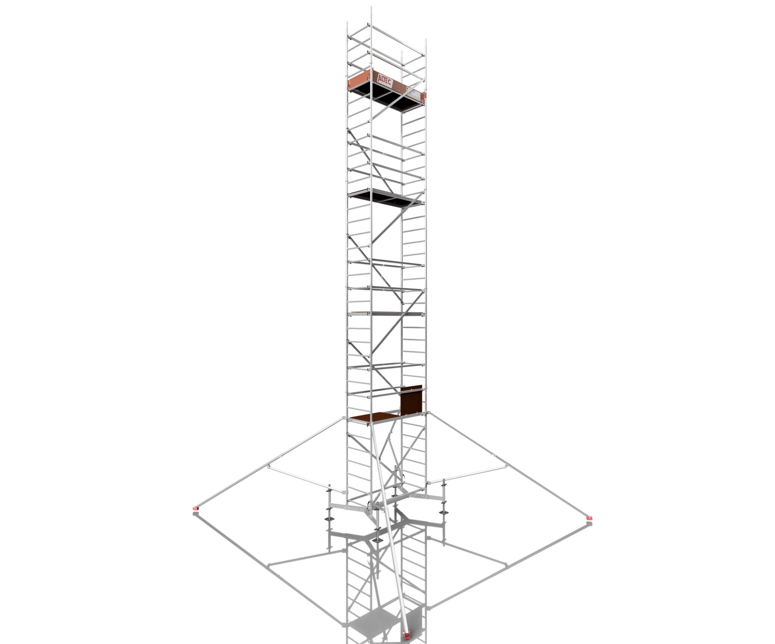 ALTEC Aluminium Fahrgerüst Rollfix 1.0, Fußplatten, teleskopierbare Traverse, Dreieckausleger, maximale Arbeitshöhe 10 Meter