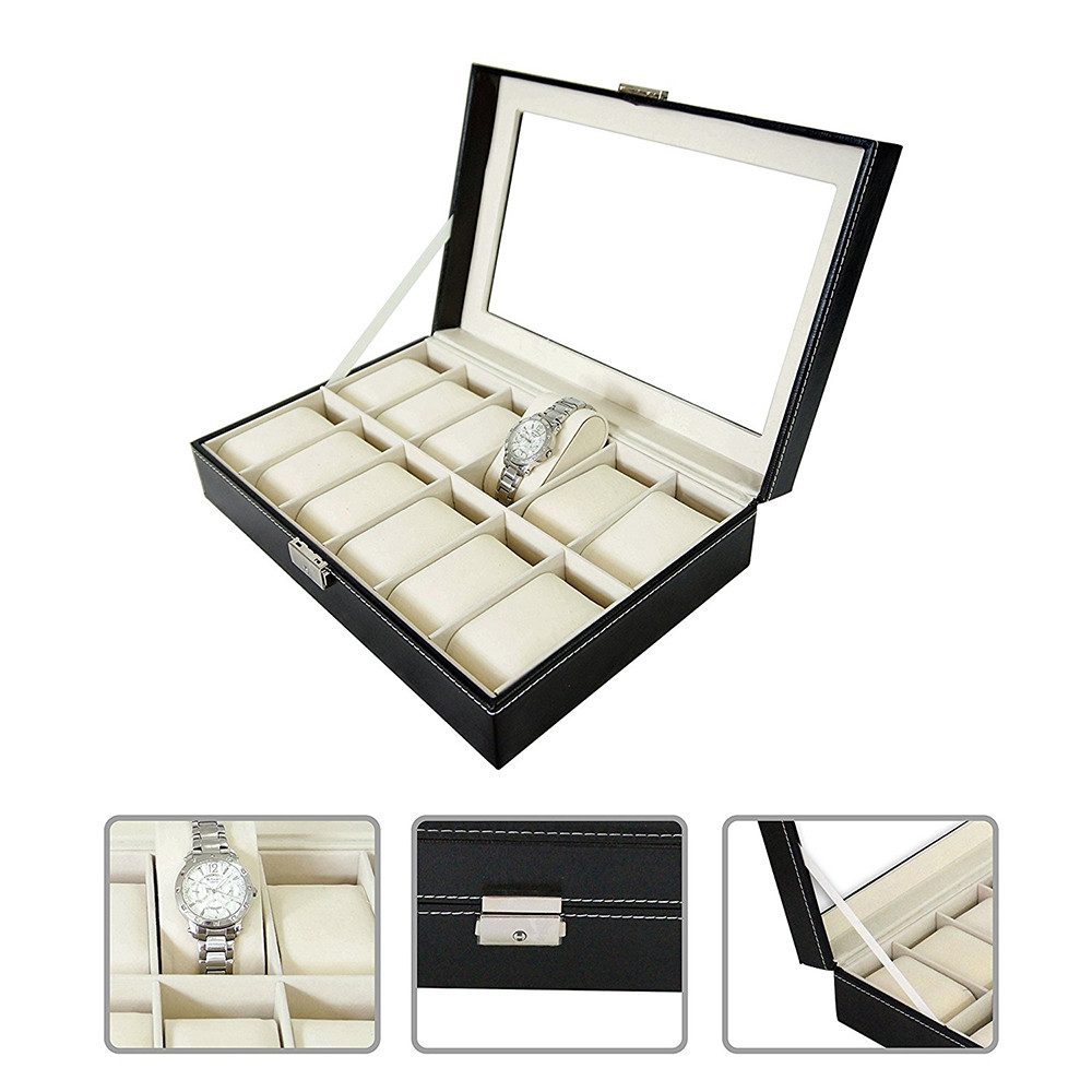 JEOBEST Geschenkbox Uhrenbox mit 12 Fächern, Uhrenkasten mit Glasdeckel, 1 St., abnehmbare Polster, für Ringe, Armbänder, Geschenkidee