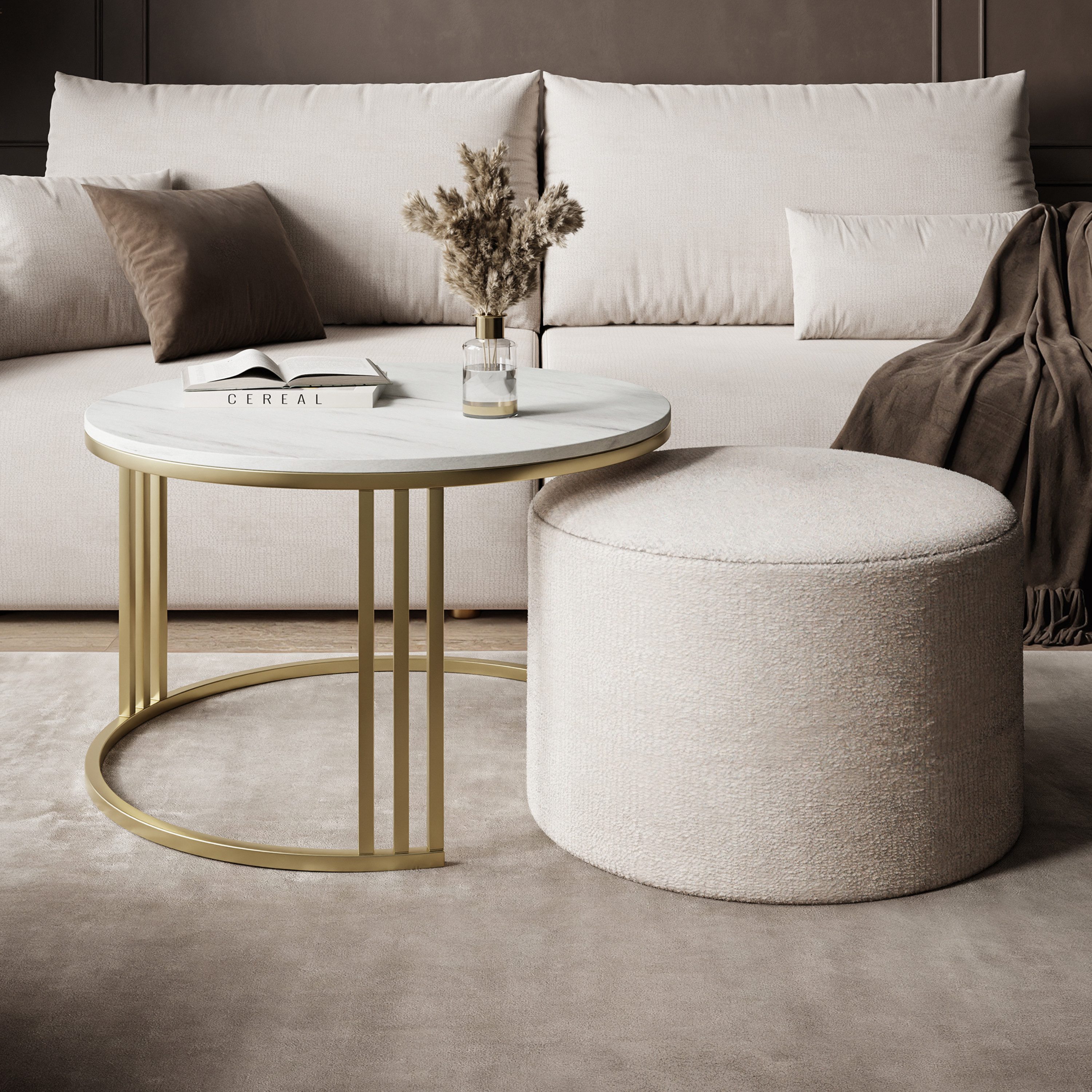 Lookway Couchtisch LORI MATT mit Hocker auf einem gebürsteten goldenen Gestell (1 Tisch mit Hocker), Durchmesser: ⌀70 cm