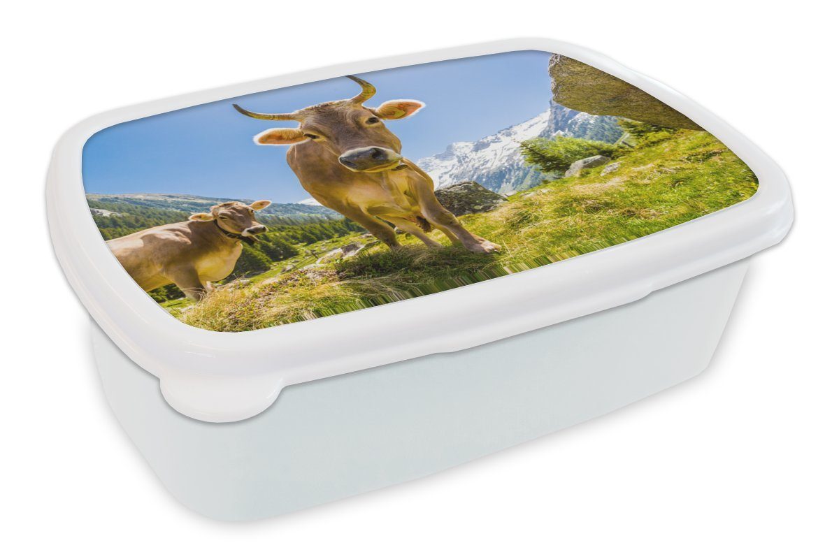 MuchoWow Lunchbox Kühe - Sonne - Österreich, Kunststoff, (2-tlg), Brotbox für Kinder und Erwachsene, Brotdose, für Jungs und Mädchen weiß