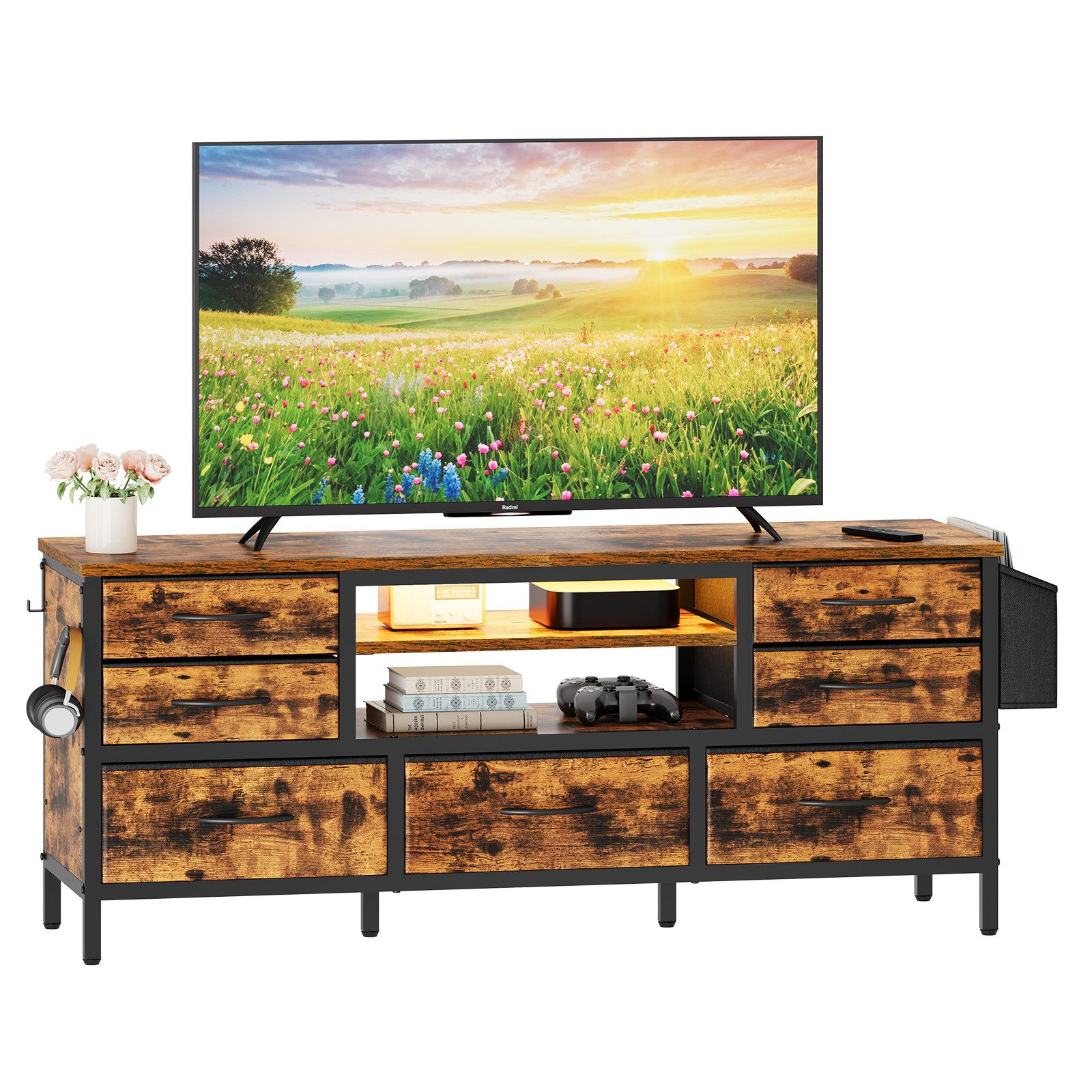 Dripex Lowboard TV Schrank für Fernseher mit LED und Schubladen und offenen Regalen, mit RGB LED Beleuchtung