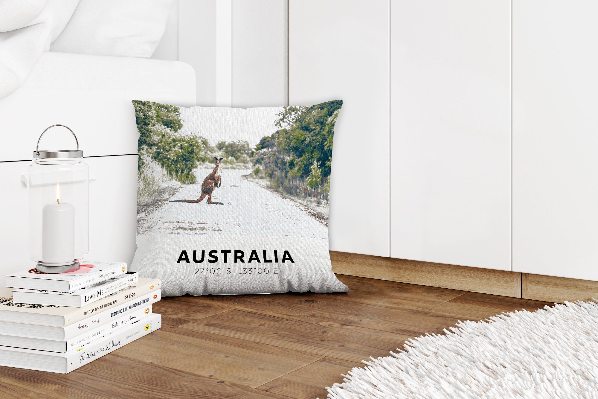 MuchoWow Dekokissen Australien Straßen, mit Känguru für Deko, Füllung - Sofakissen - Schlafzimmer, Wohzimmer, Zierkissen