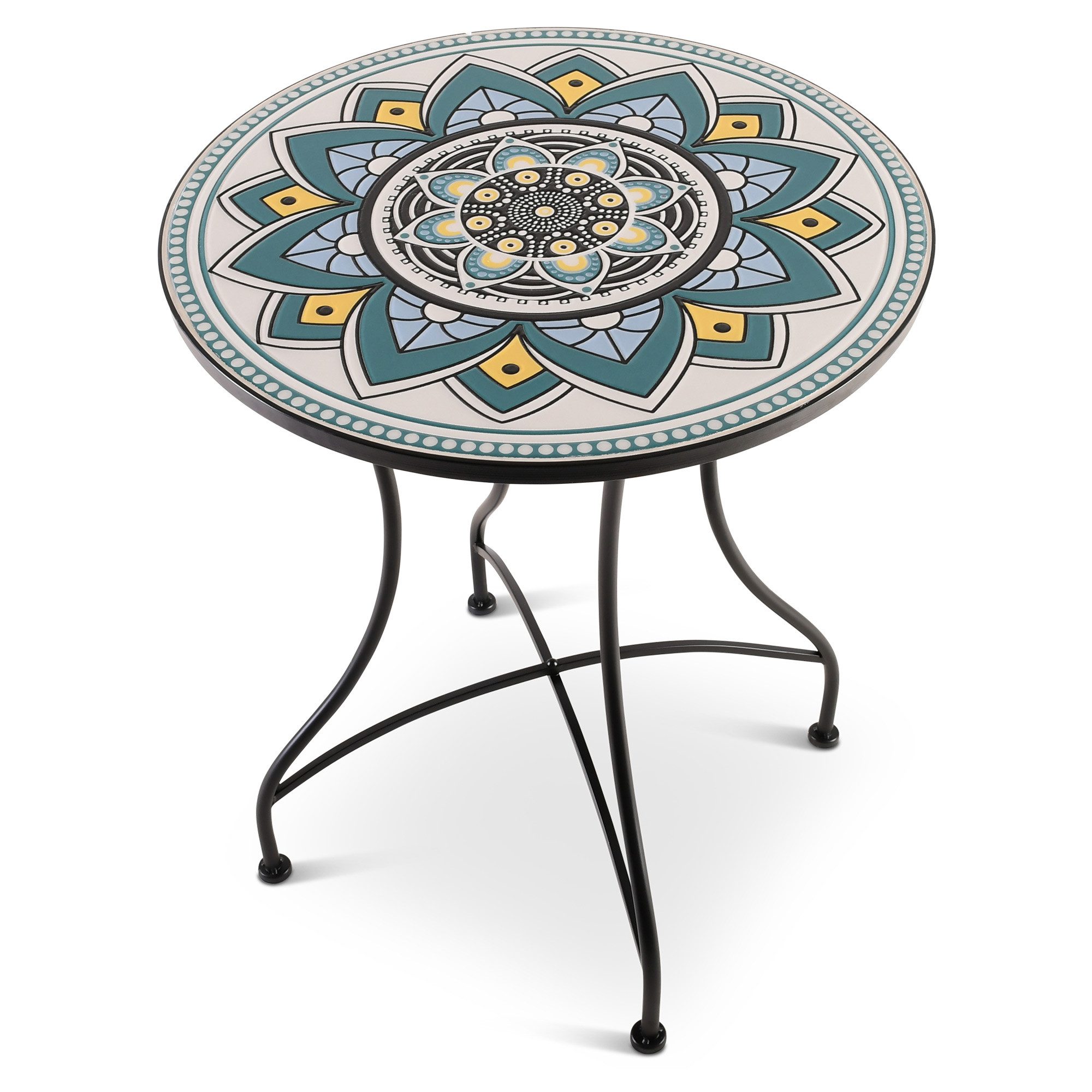 Raburg Gartentisch Mosaiktisch, Balkon- und Terrassentisch, 60 cm Ø, 72 cm hoch, Mayla (rund), liebevolle Handarbeit, Mosaikmuster, schwarzes Metallgestell