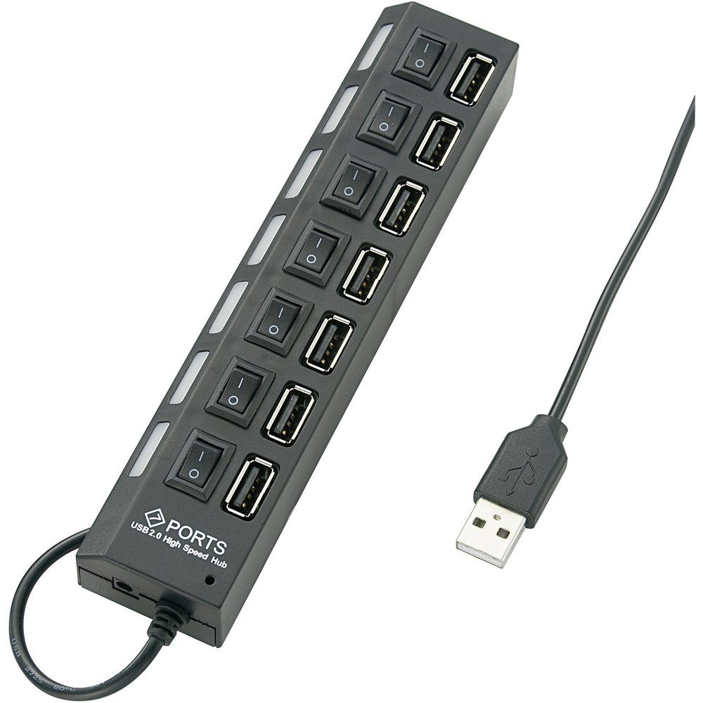 USB-Verteiler Renkforce 7 Port USB 2.0-Hub einzeln schaltbar, mit Status-LEDs Schwa