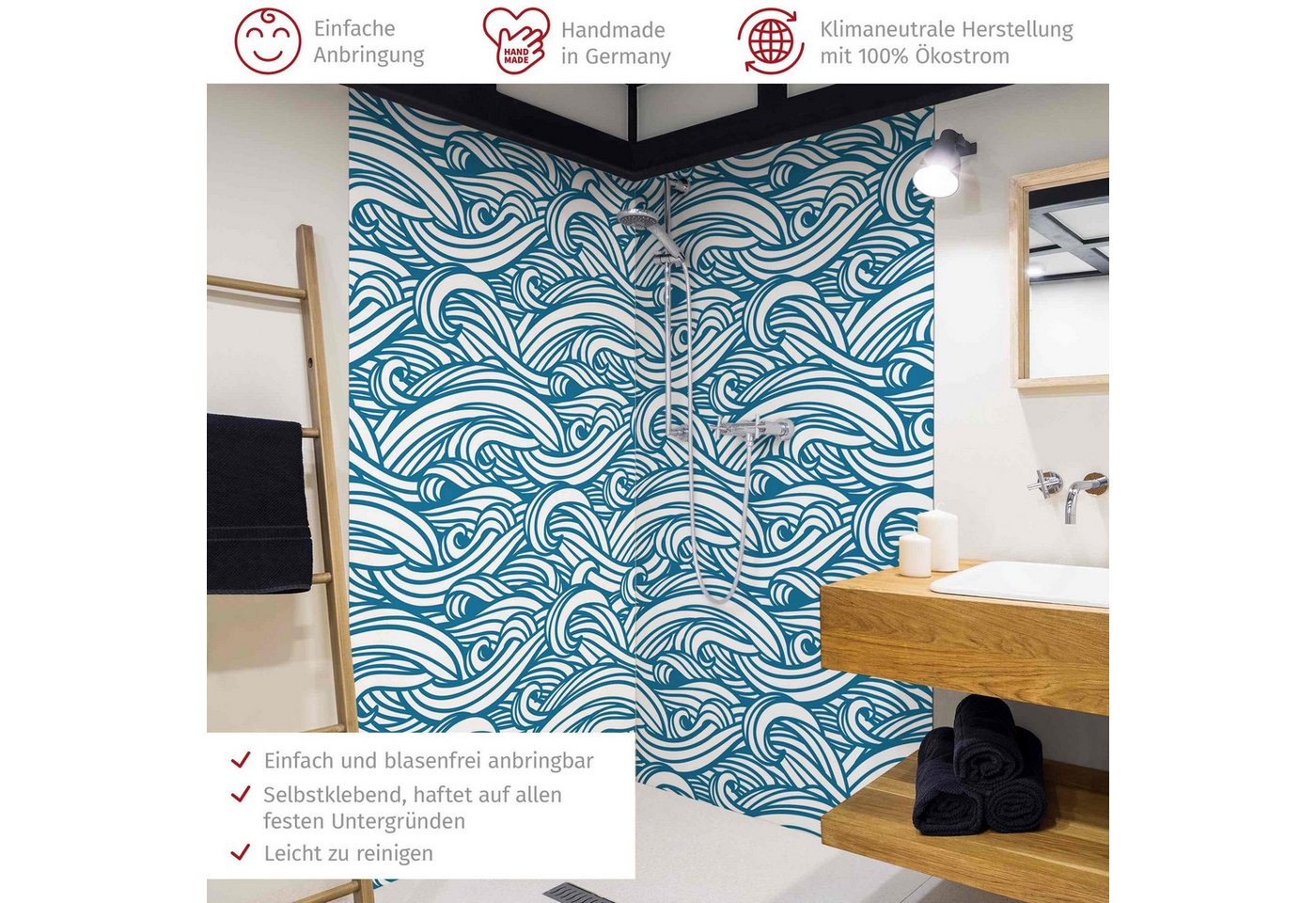 Thumbnail - Bilderdepot24 Badrückwand Muster blau Duschrückwand ohne Bohren Dusche Fliesenersatz, (2-tlg., Hart-Folie Smart matt 0,3...