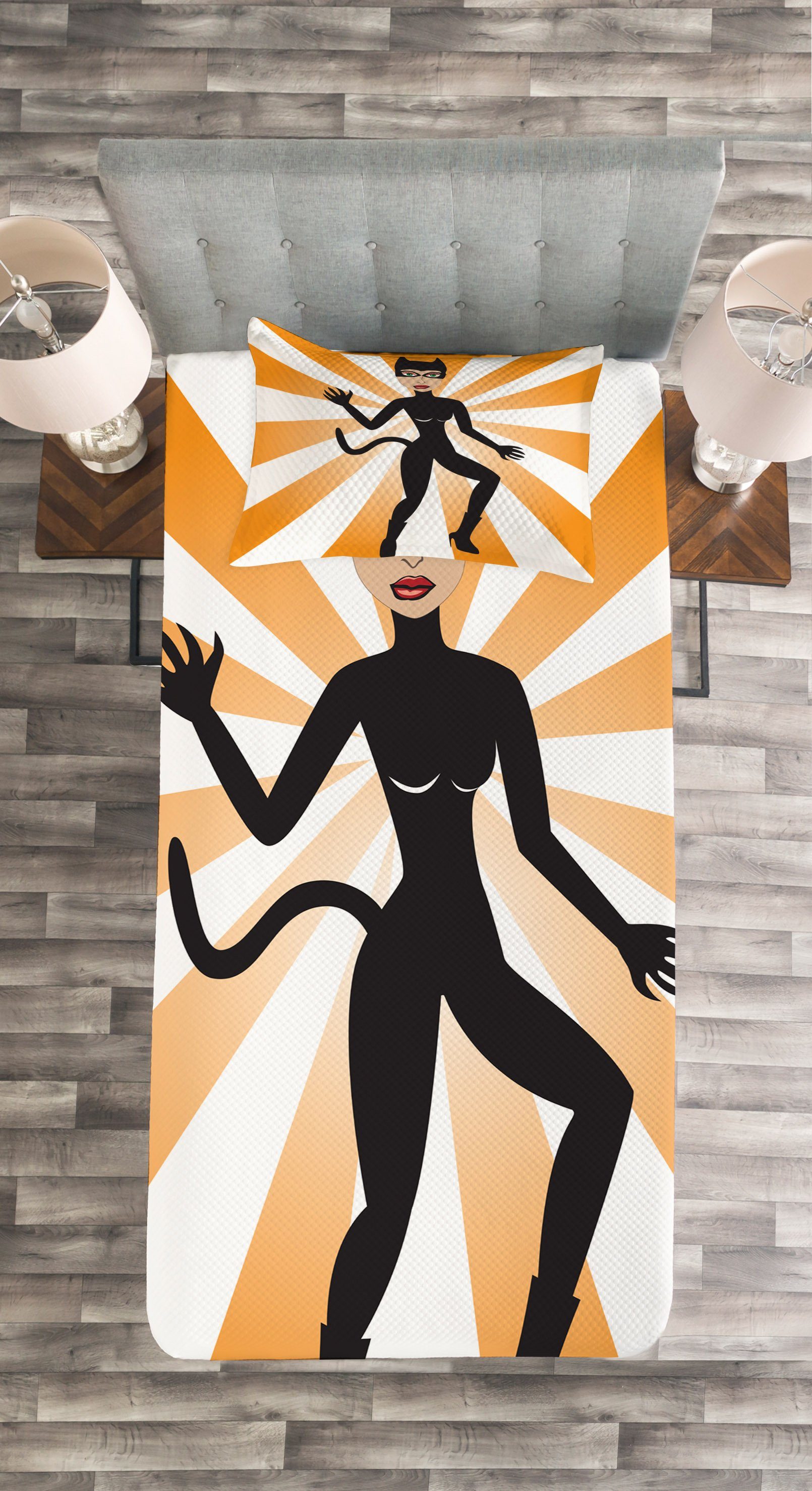 Tagesdecke Set mit Kissenbezügen Waschbar, im Orange Kostüm Rays Abakuhaus, und Katzen-Frau Schwarz
