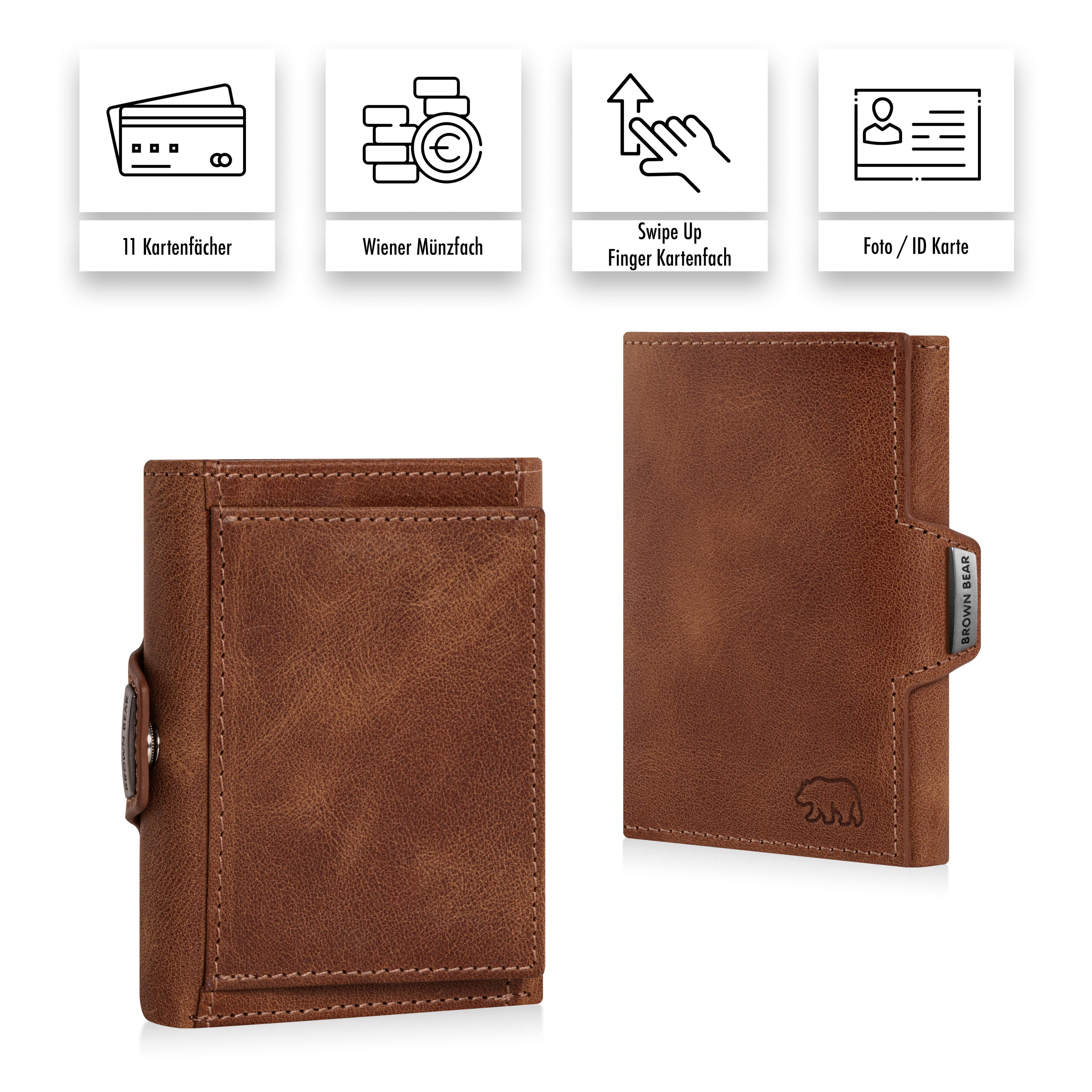 Brown Bear Geldbörse Modell Bruce Slim für 11 Kreditkarten aus Echtleder, mit Münzfach Farbe Braun-Vintage