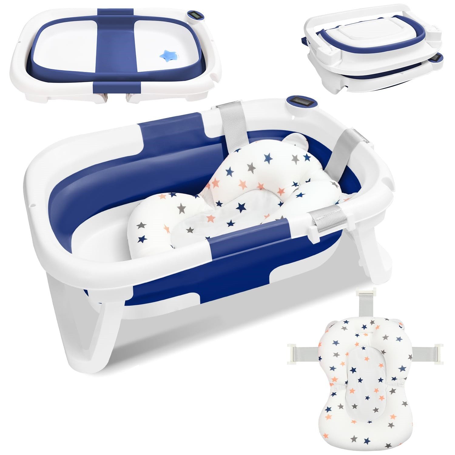 BlingBin Babybadewanne Faltbare Babywanne mit integriertem Thermometer und Badematte, (1er Set, 1-tlg), Tragbare Rutschfeste Wanne für Neugeborene bis 3 Jahre