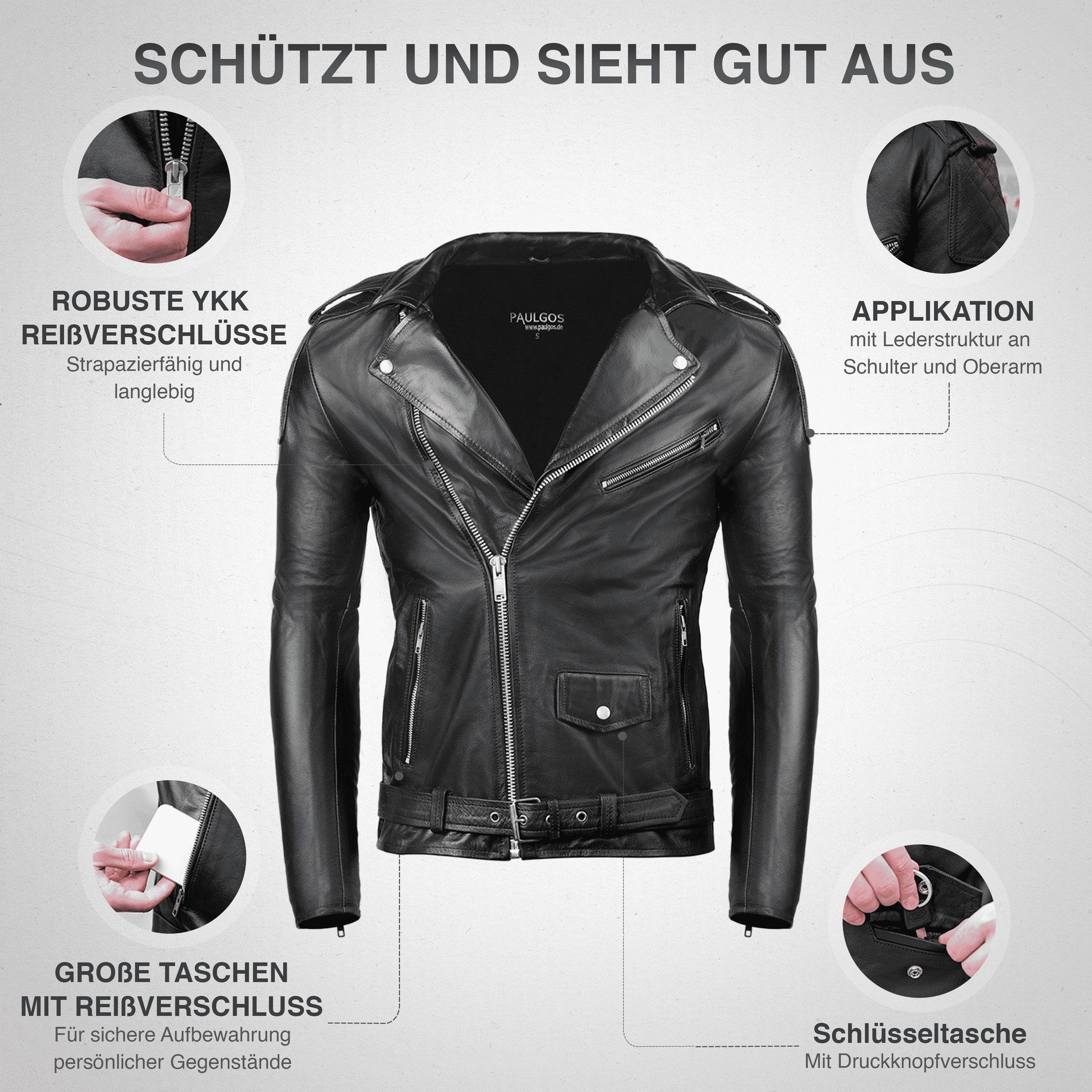 PAULGOS Lederjacke Herren Biker Jacke Motorradjacke Motorrad 100% Echtleder günstig online kaufen