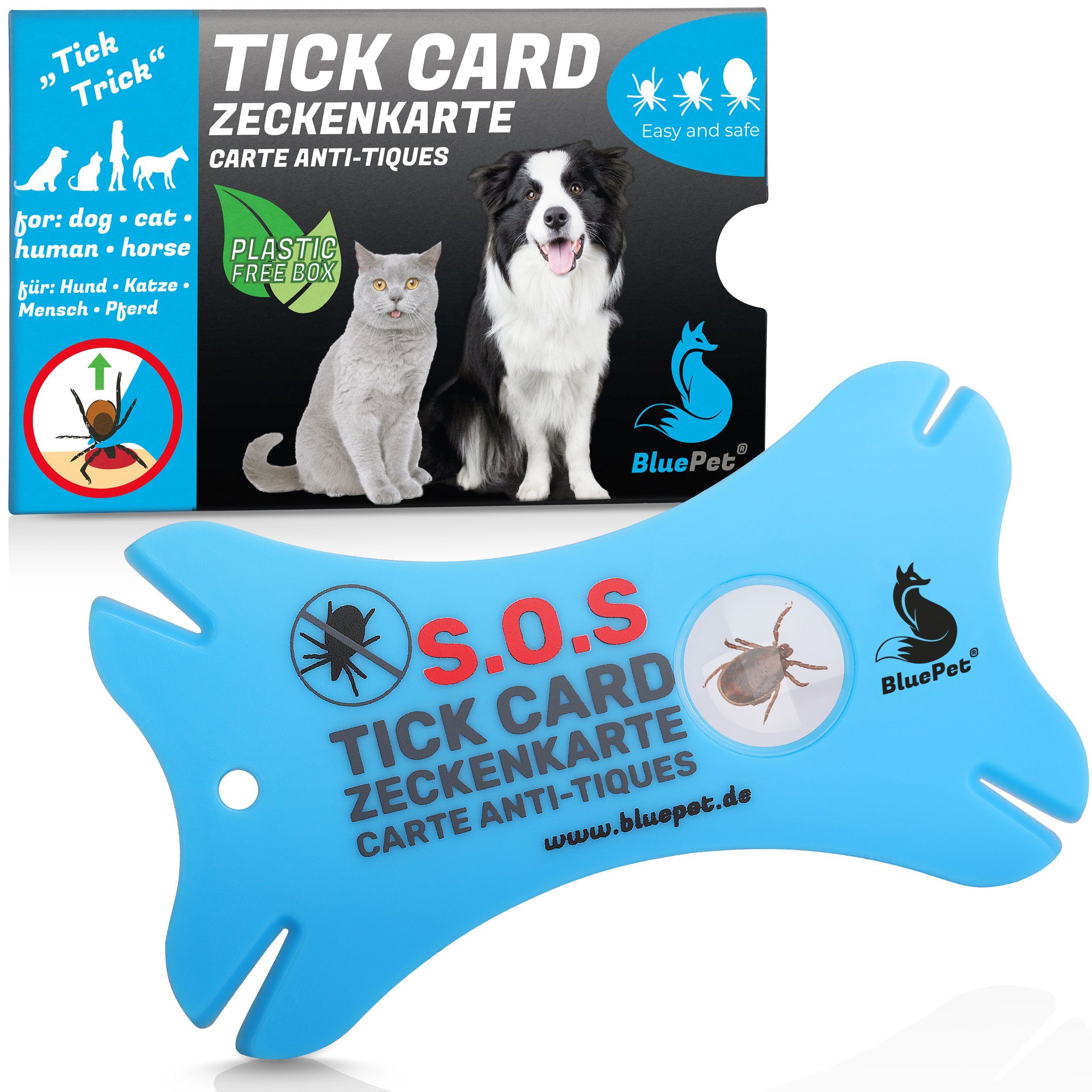 BluePet Zeckenpinzette Zeckenkarte mit für Lupe und Zeckenentfernung Menschen Tiere Scheckkartenformat, im