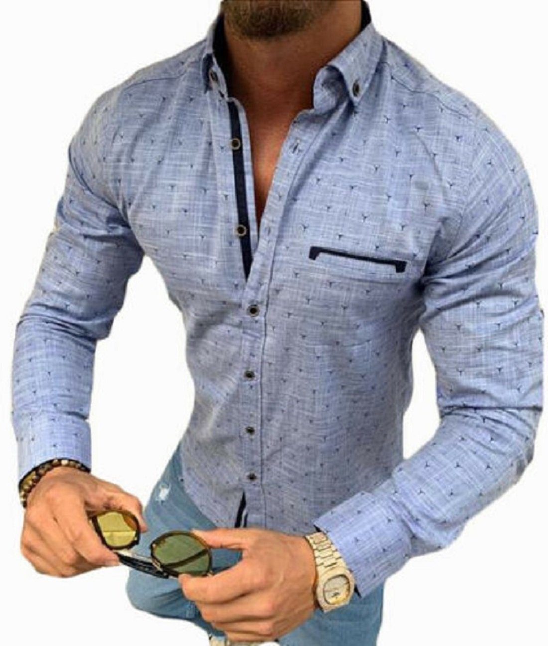 Megaman Jeans Langarmhemd MEGAMAN Herren designer Hemd