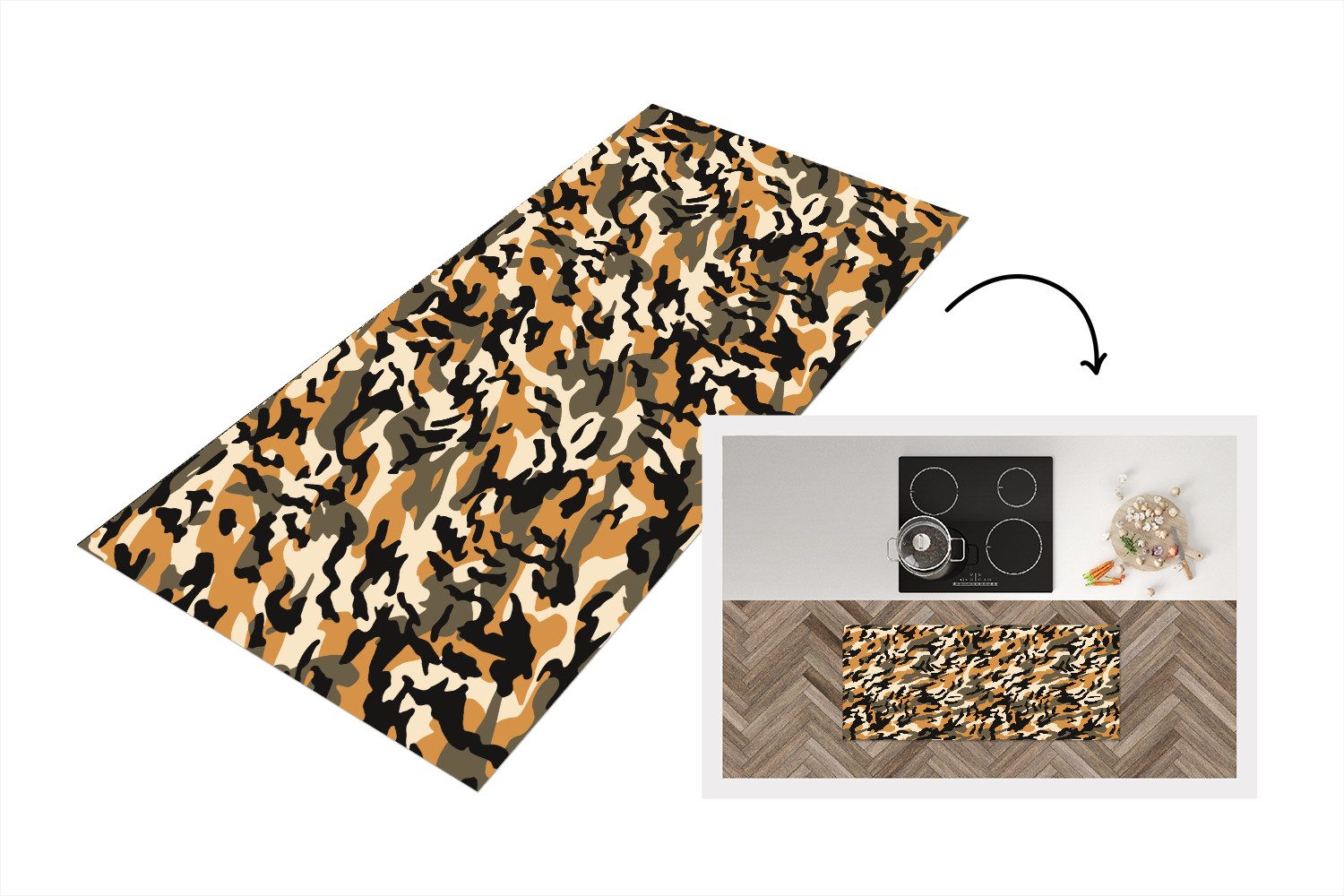 MuchoWow Küchenläufer Camouflage - Erdtöne - Muster, aus Kunststoff, Küchenteppich, Дорожка für Küche, Rutschfest, Küchendeko, 120x50 cm