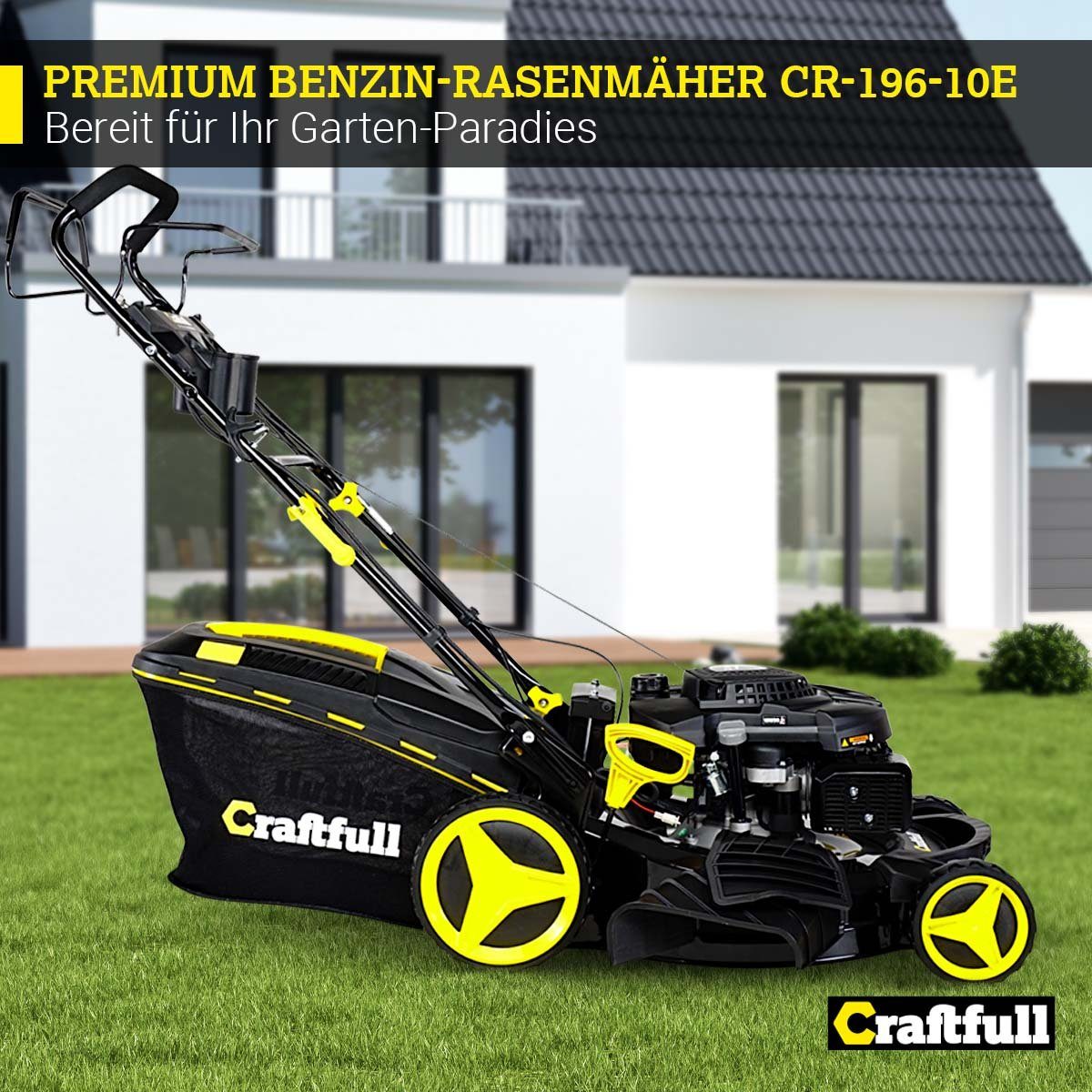 Craftfull Benzinrasenmäher 5in1 CR-196-10E Rasenmäher mit Benzin und Elektrostarter, 53 cm Schnittbreite, (Benzin Rasenmäher, Rasenmäher mit Fangkorb, Rasenmäher mit Selbstantrieb, Schnitthöhe in 8 Stufen verstellbar - Euro-5-Norm - Rasenkamm), 4,4kW - GT-Leichtlaufgetriebe - Easy Clean Funktion - 62l Fangsack