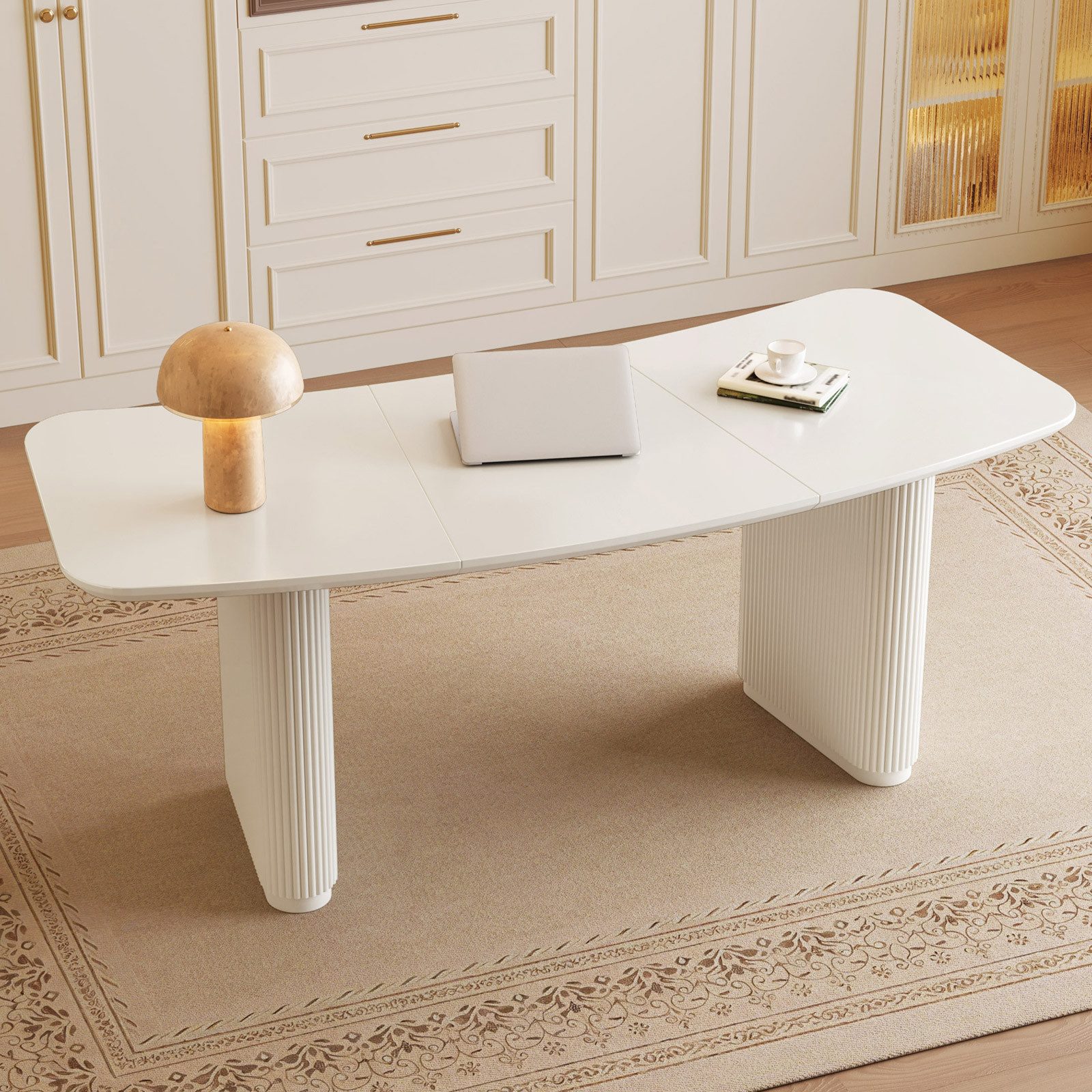Guyii Schreibtisch Cremeweiß mit geriffelten Säulenbeinen, 200 x 80 cm (1-St), Großer Home Office Computertisch aus MDF