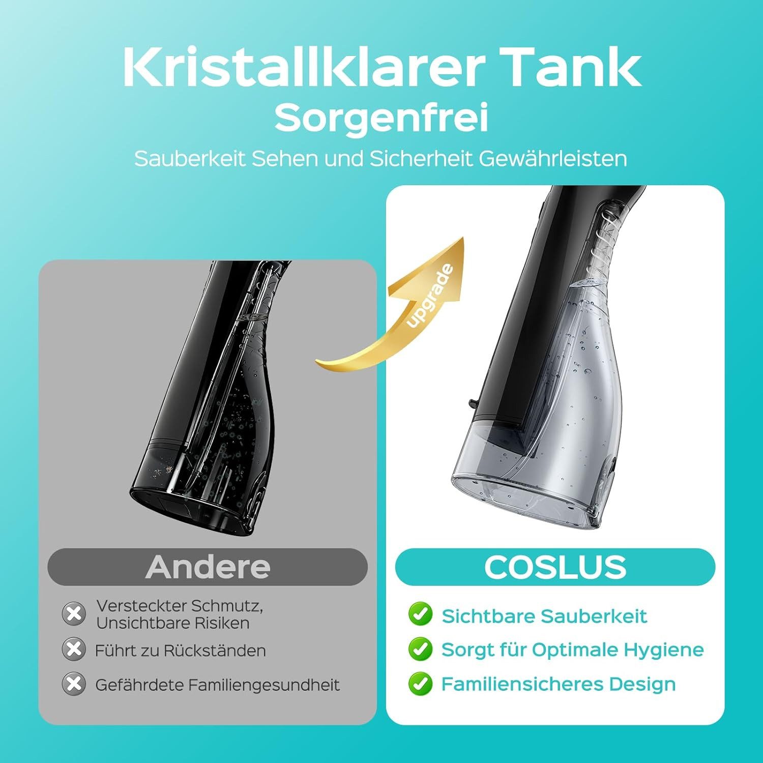 COSLUS Munddusche elektrisch Kabellos C20 – 300 ml Wassertank, 5 Düsen, Wiederaufladbar, Aufsätze: 5 St., Für Zahnspangen, Brücken, Kronen und Implantate geeignet